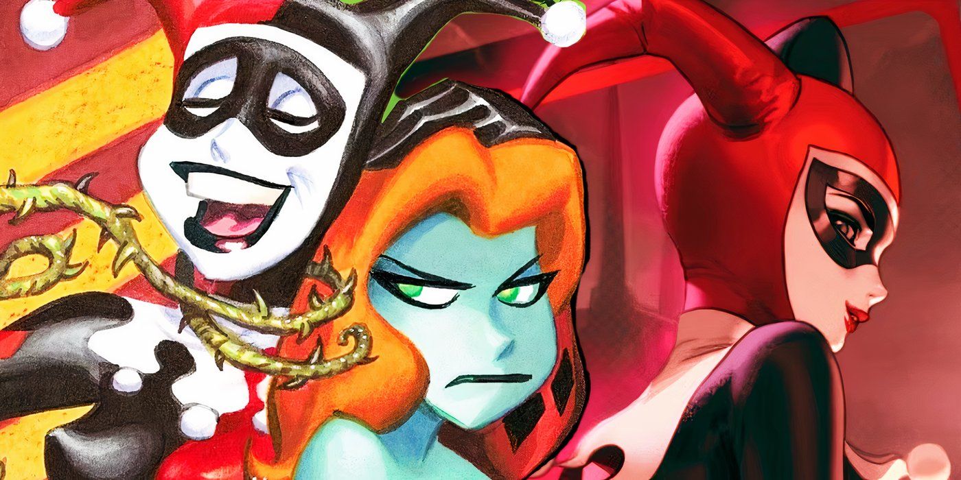 Harley Quinn ir Poison Ivy iš Betmeno animacinio serialo kairėje ir juokdarys Harley Quinn, žiūrintis už peties į dešinę