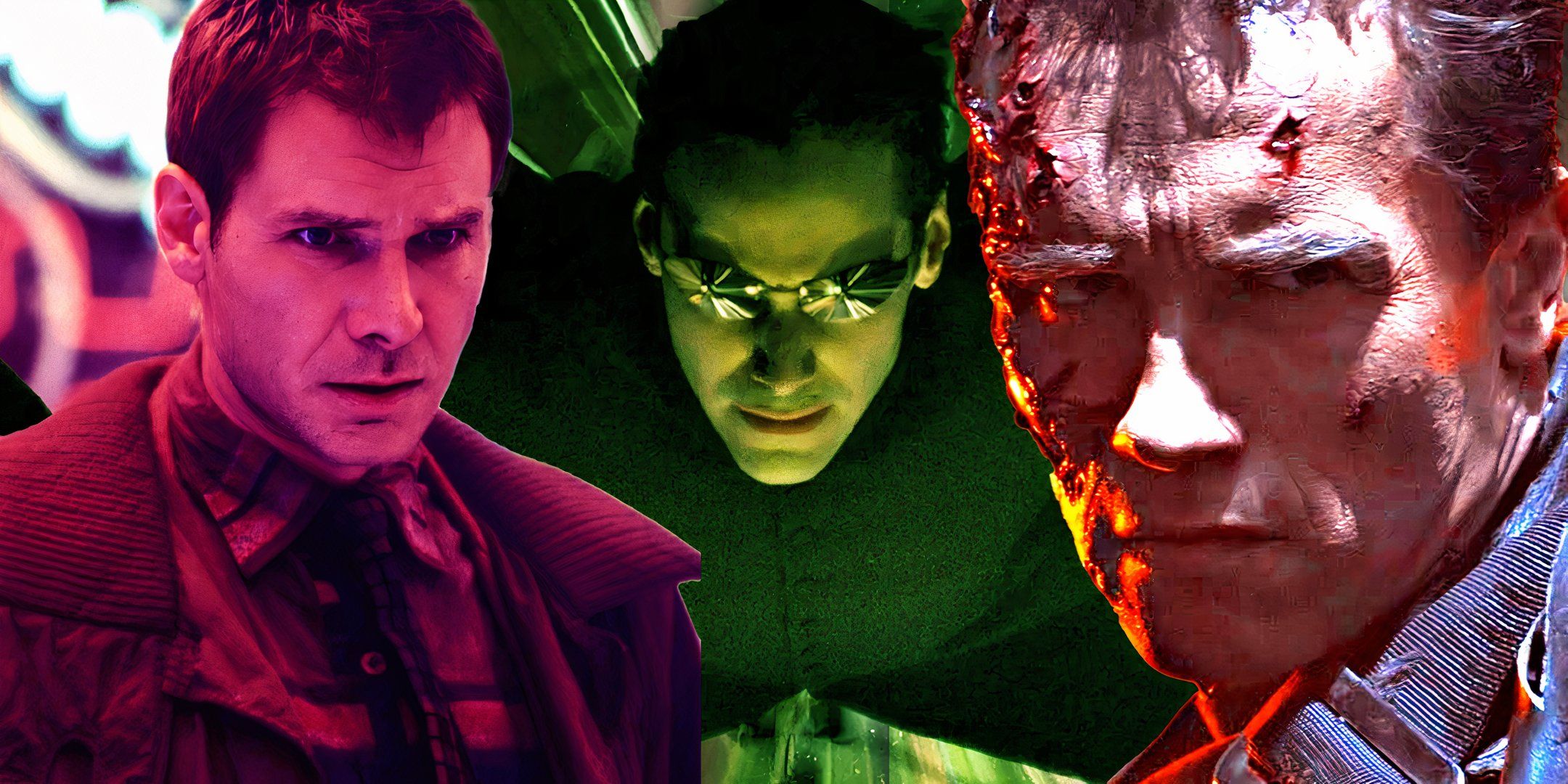Harrison Ford in Blade Runner, Keanu Reeves in The Matrix and Arnold Schwarzenegger in Terminator 2 Judgement Day in Sci-Fi header