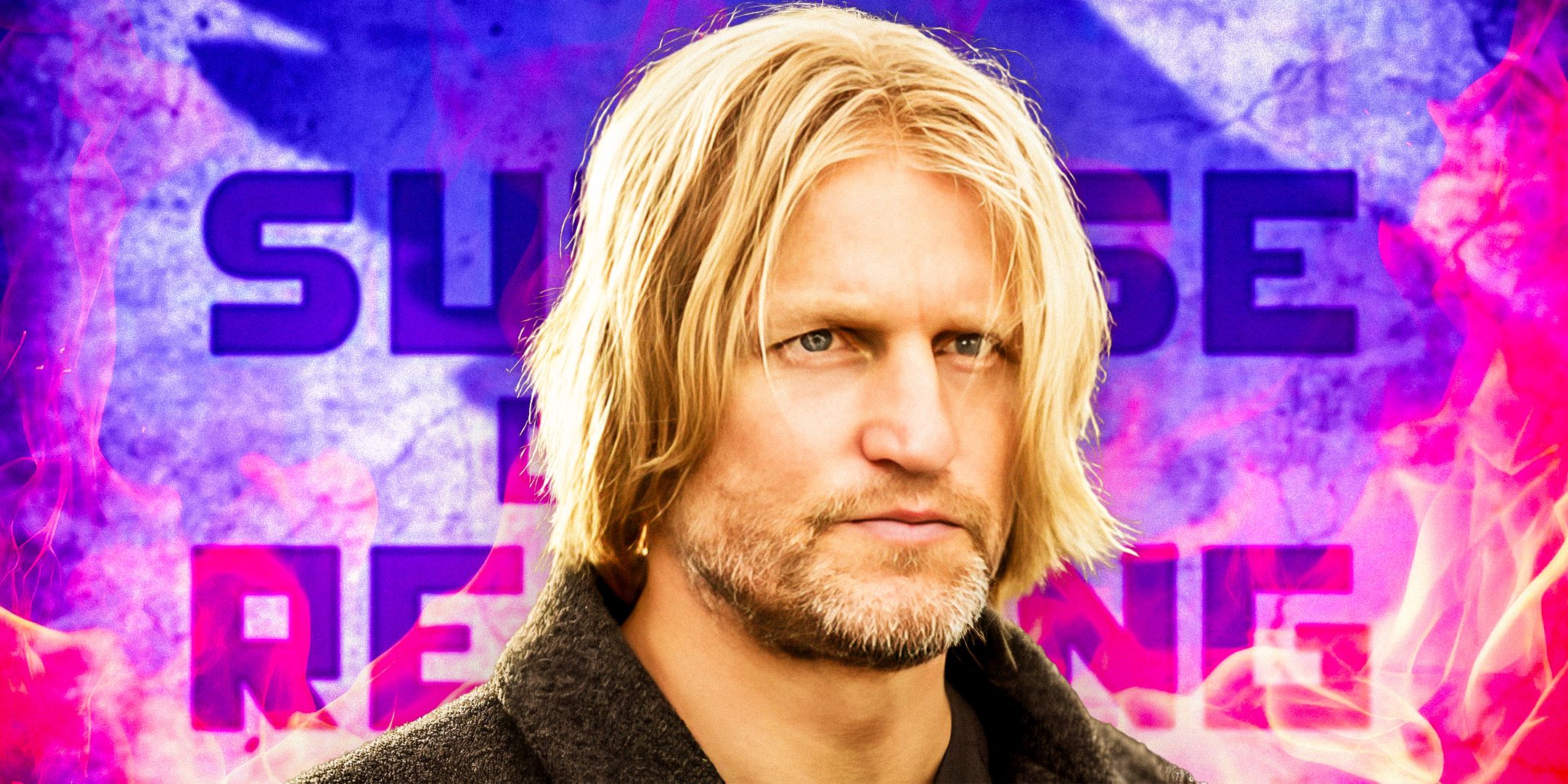 Woody Harrelson como Haymitch Abernathy em Jogos Vorazes com o logotipo da Sunrise on the Reaping como plano de fundo