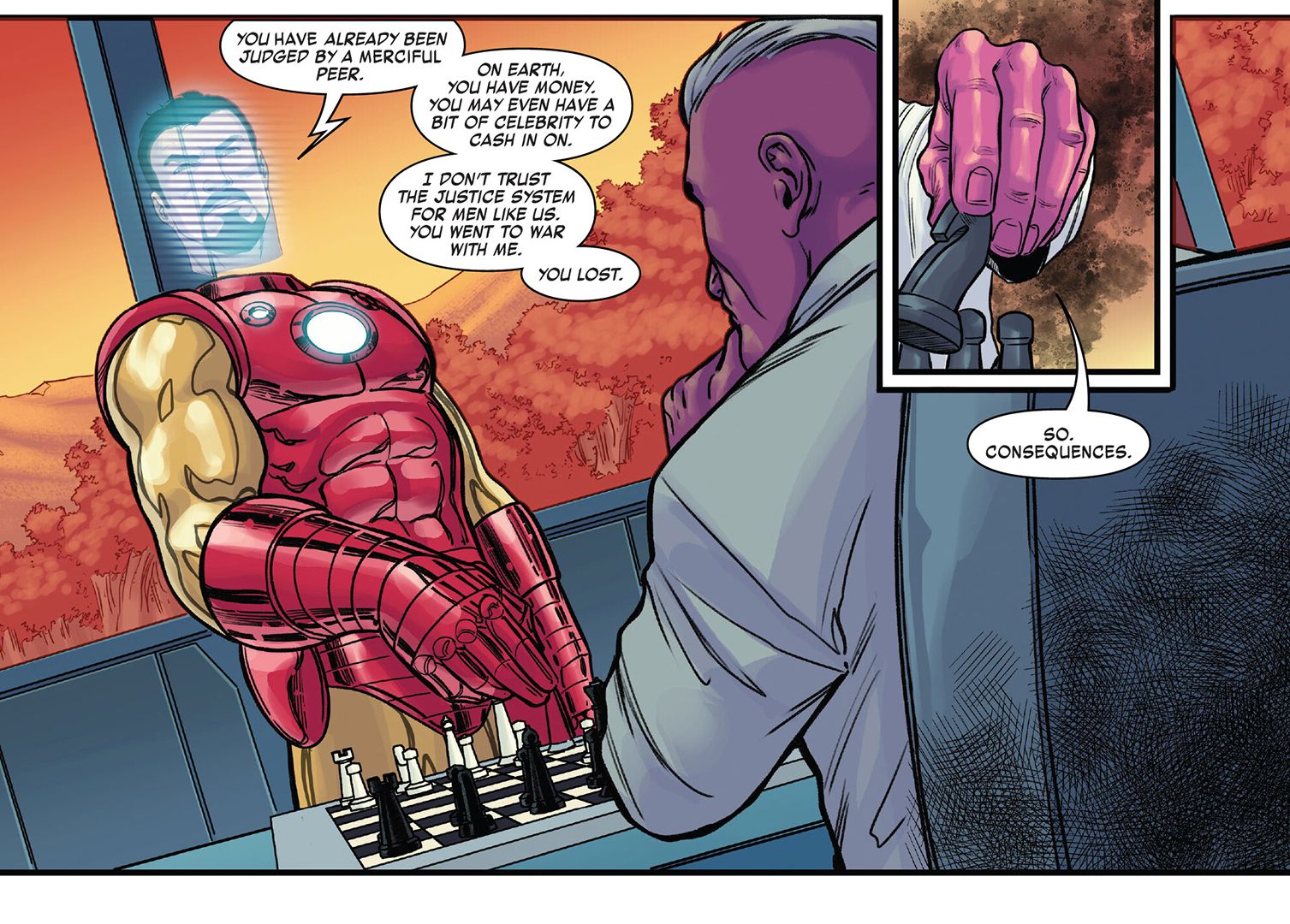 Tony Stark le informa a Feylong por qué lo mantiene prisionero en una prisión personalizada a través de un traje de Iron Man sin cabeza que representa el rostro de Tony como un holograma.  Hombre de Hierro invencible #20.