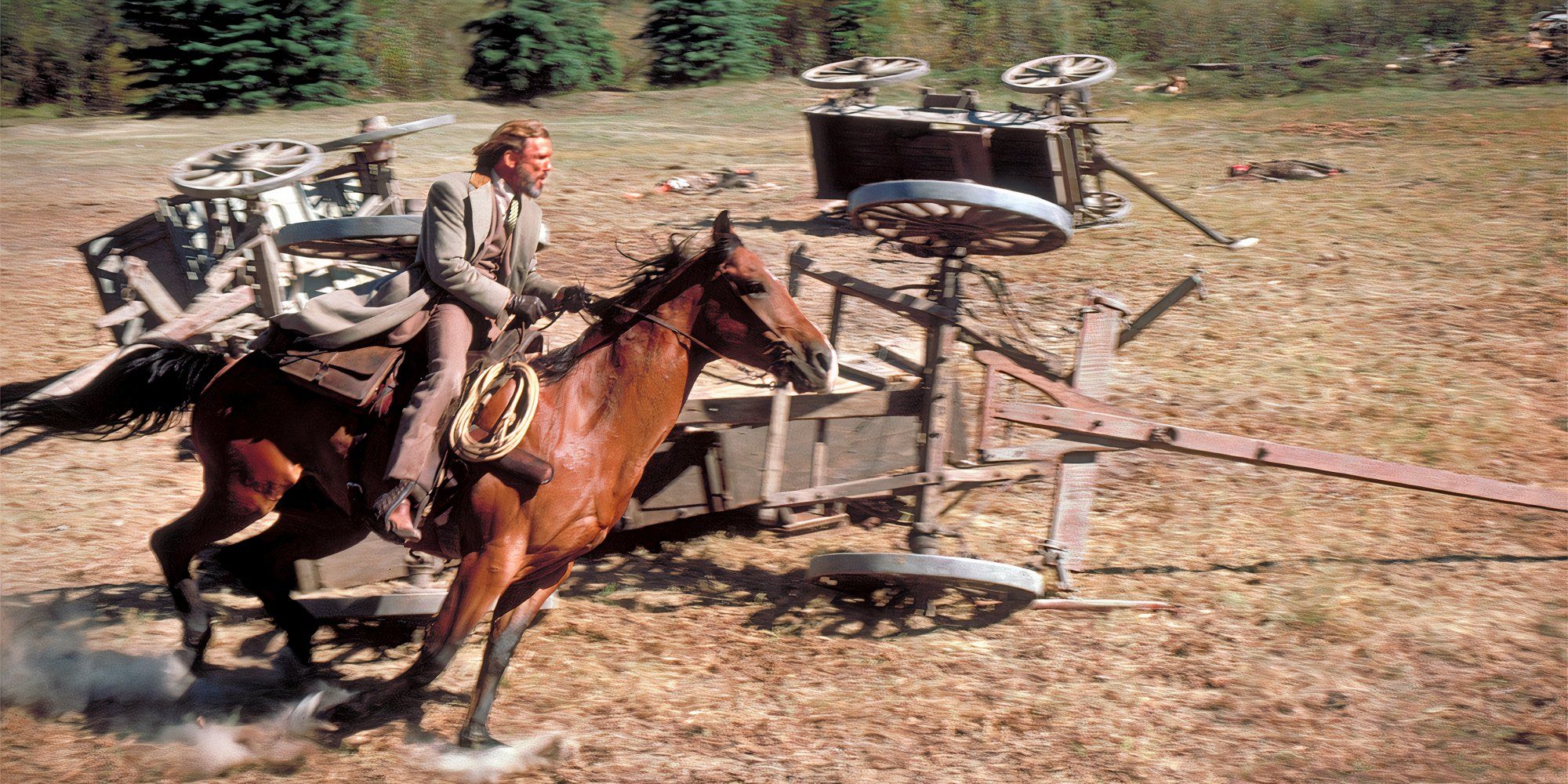 Una escena de un hombre montado a caballo en la puerta del cielo.