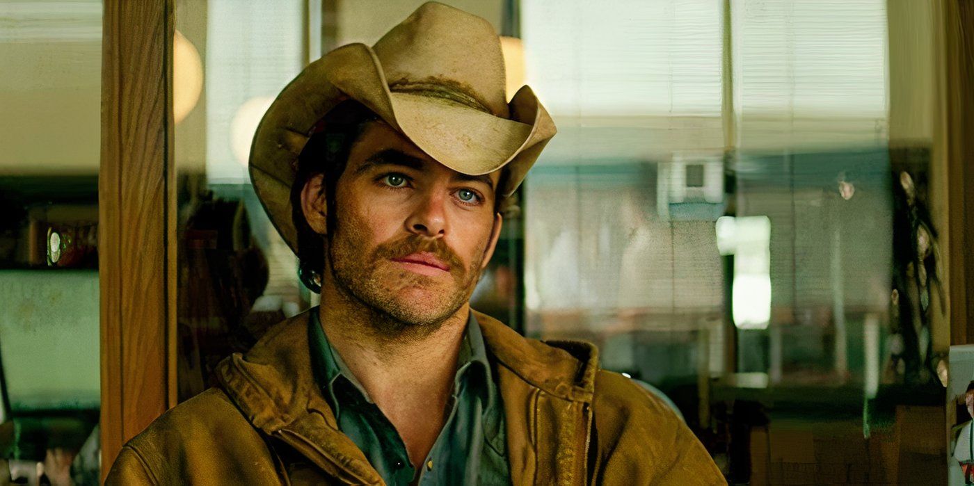 Chris Pine as Toby Howard wearing a cowboy hat in Hell or High Water