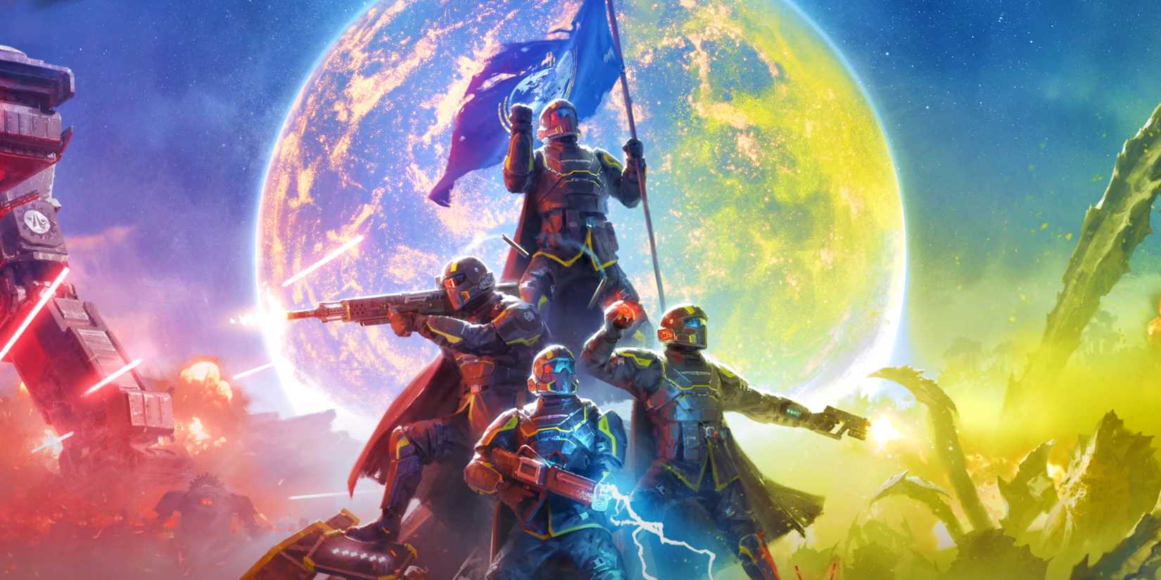 Four Helldivers surrounded by Automatons and Terminids.