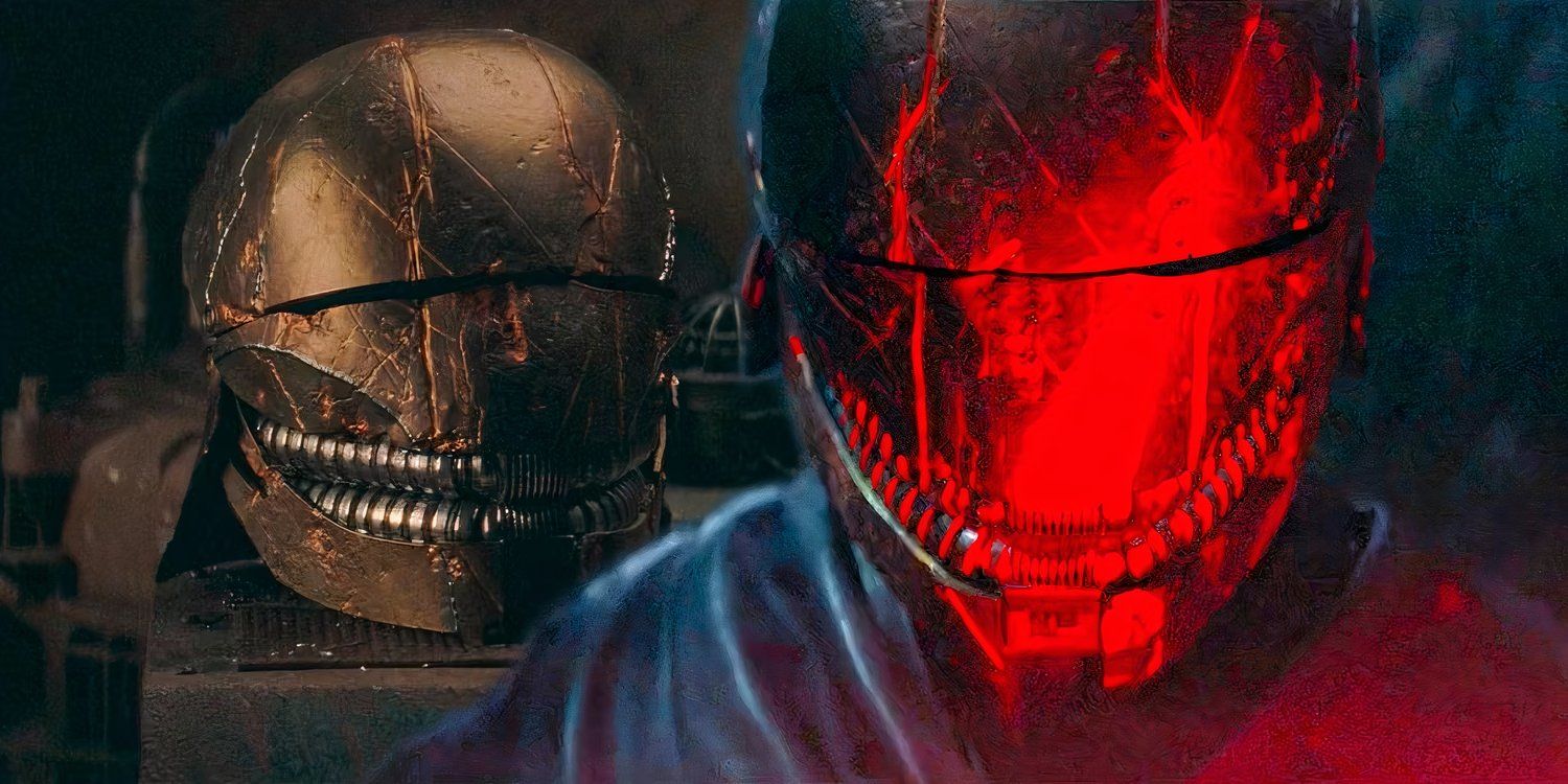The Stranger's helmet on a table and on his head, illuminated by red light, in The Acolyte