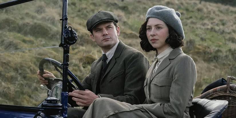 Hermione Corfield as Julia Moriston rides in a car and looks into the distance in Outlander - Blood of my Blood