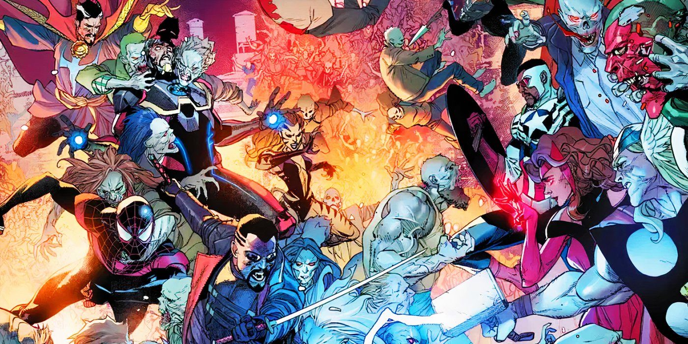 Heróis lutando no Battleworld nas Guerras Secretas da Marvel Comics