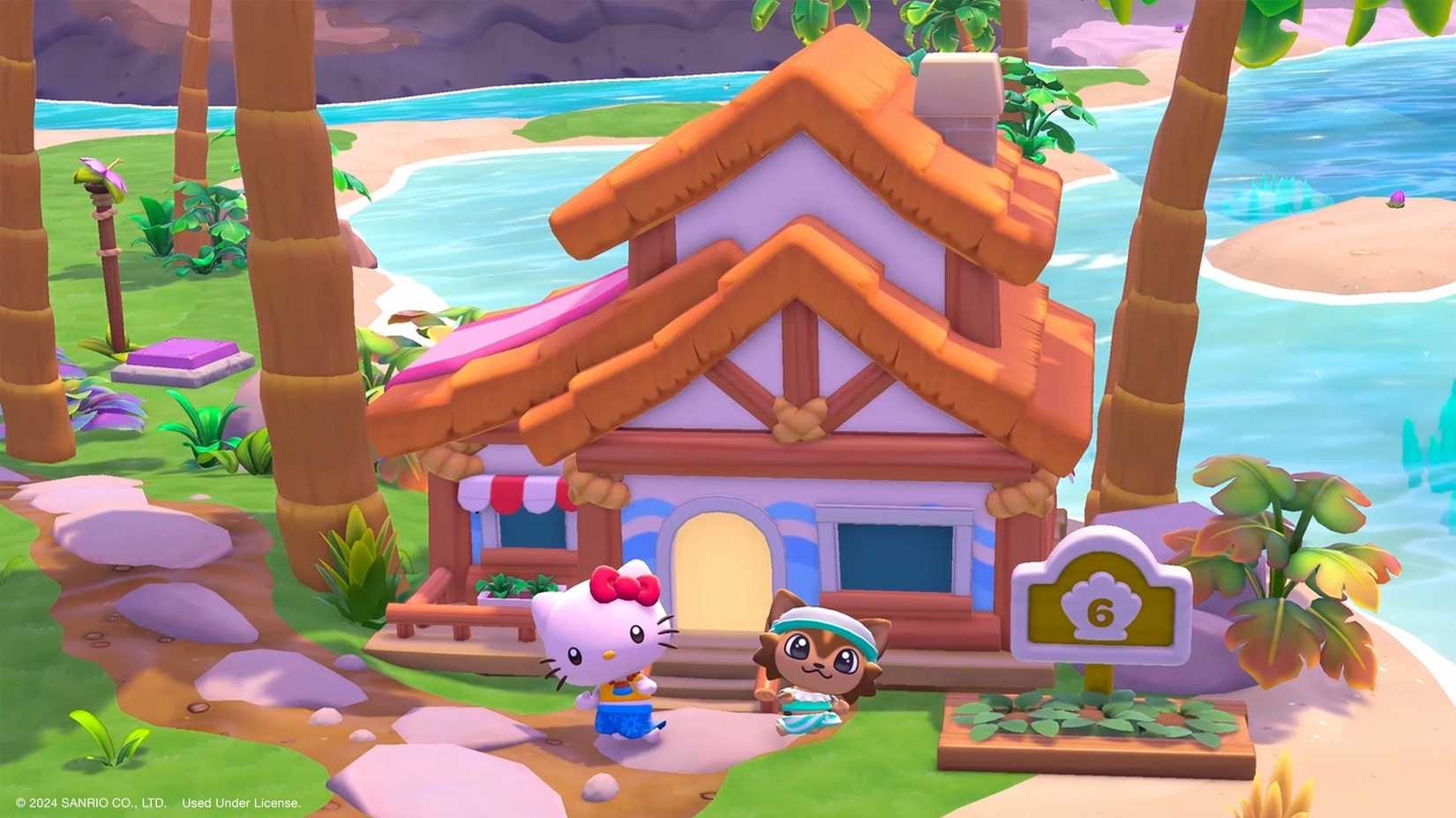 HKIA island house exterior showing Hello Kitty, a cabana, and another cat-like player character.