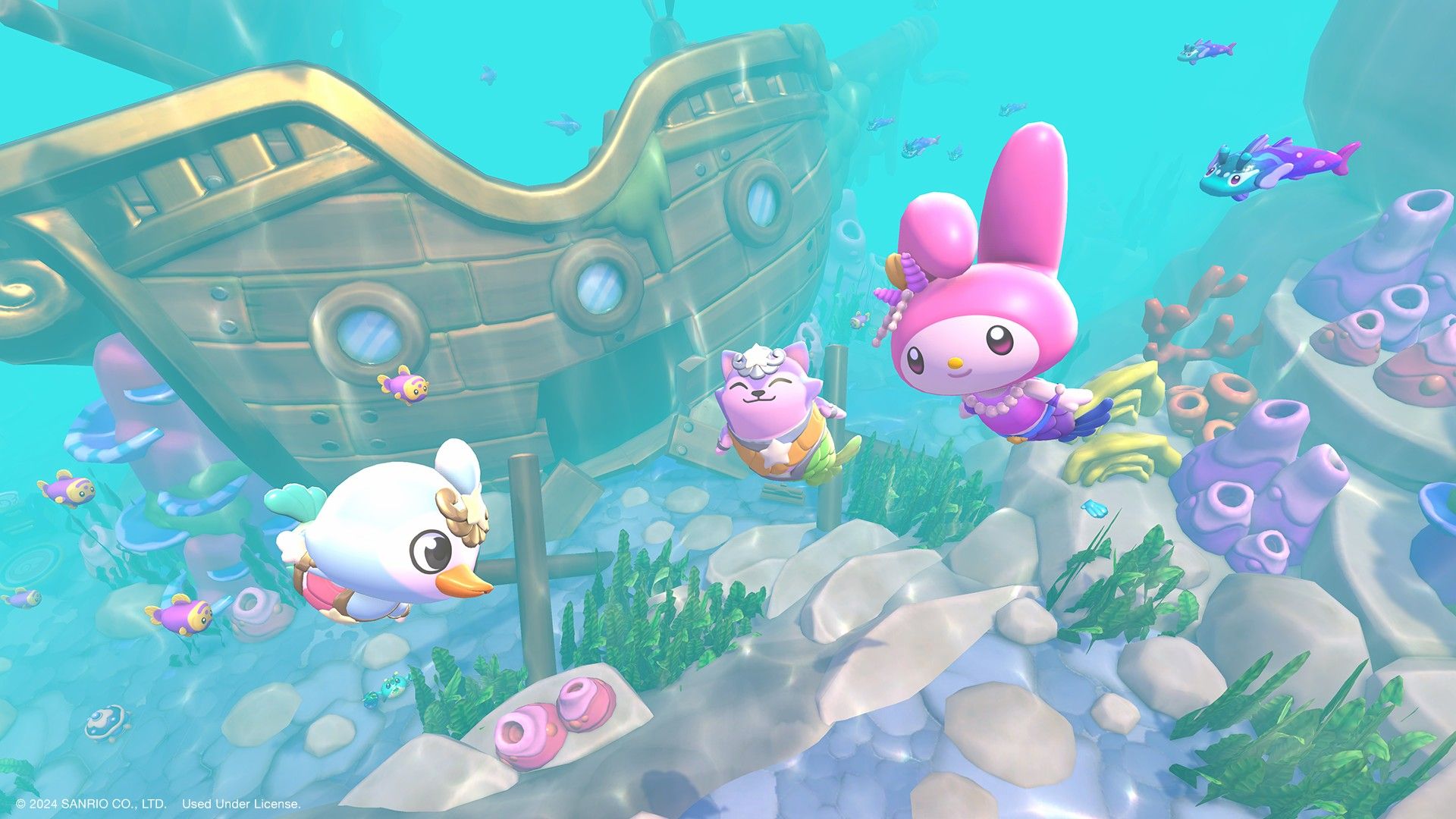 Personagens do HKIA debaixo d'água perto de um naufrágio nadando com caudas de sereia e sorrindo.