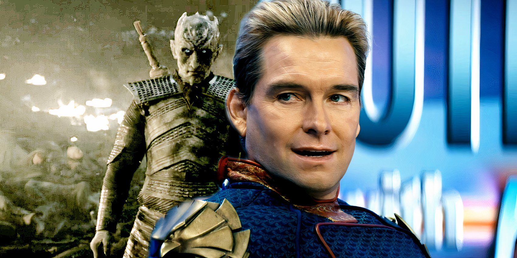 Homelander speaking in an interview in The Boys and the Night King walking in Game of Thrones