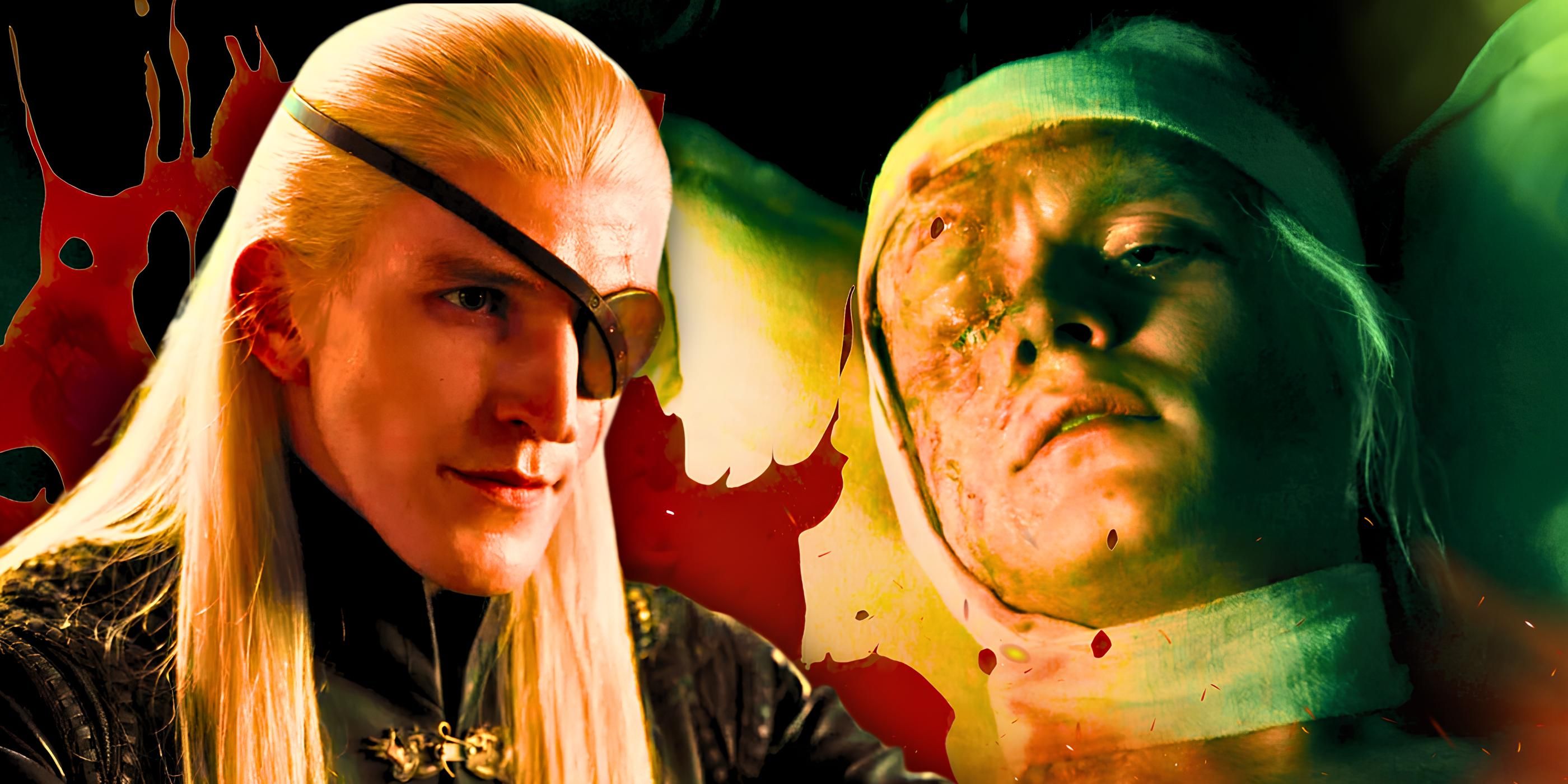 Ewan Mitchell as Aemond Targaryen with red splatter behind him and Tom Glynn-Carney as King Aegon II Targaryen injured in bed in House of the Dragon