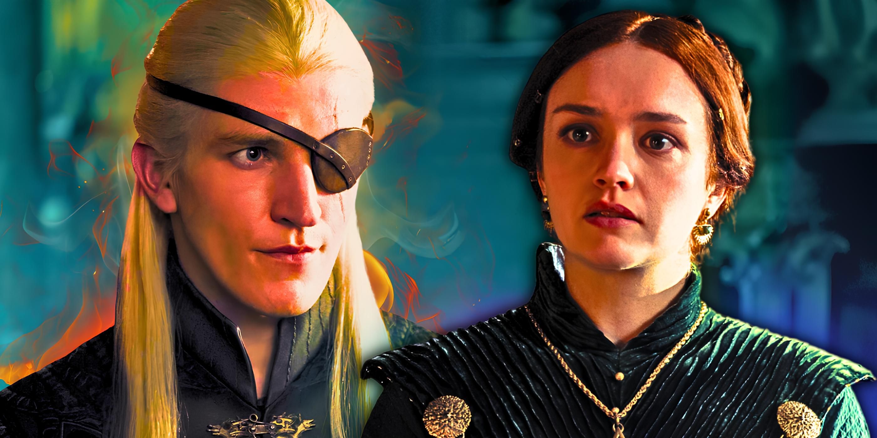 El príncipe Eammond Targaryen (Evan Mitchell) con fuego a su alrededor y la princesa Alicent Hightower (Olivia Cooke) en Dragon House