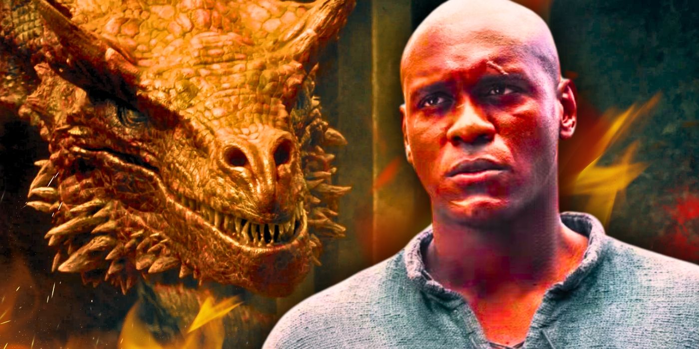 A dragon snarling to the left with Abubakar Salim as Alyn of Hull in House of the Dragon season 2