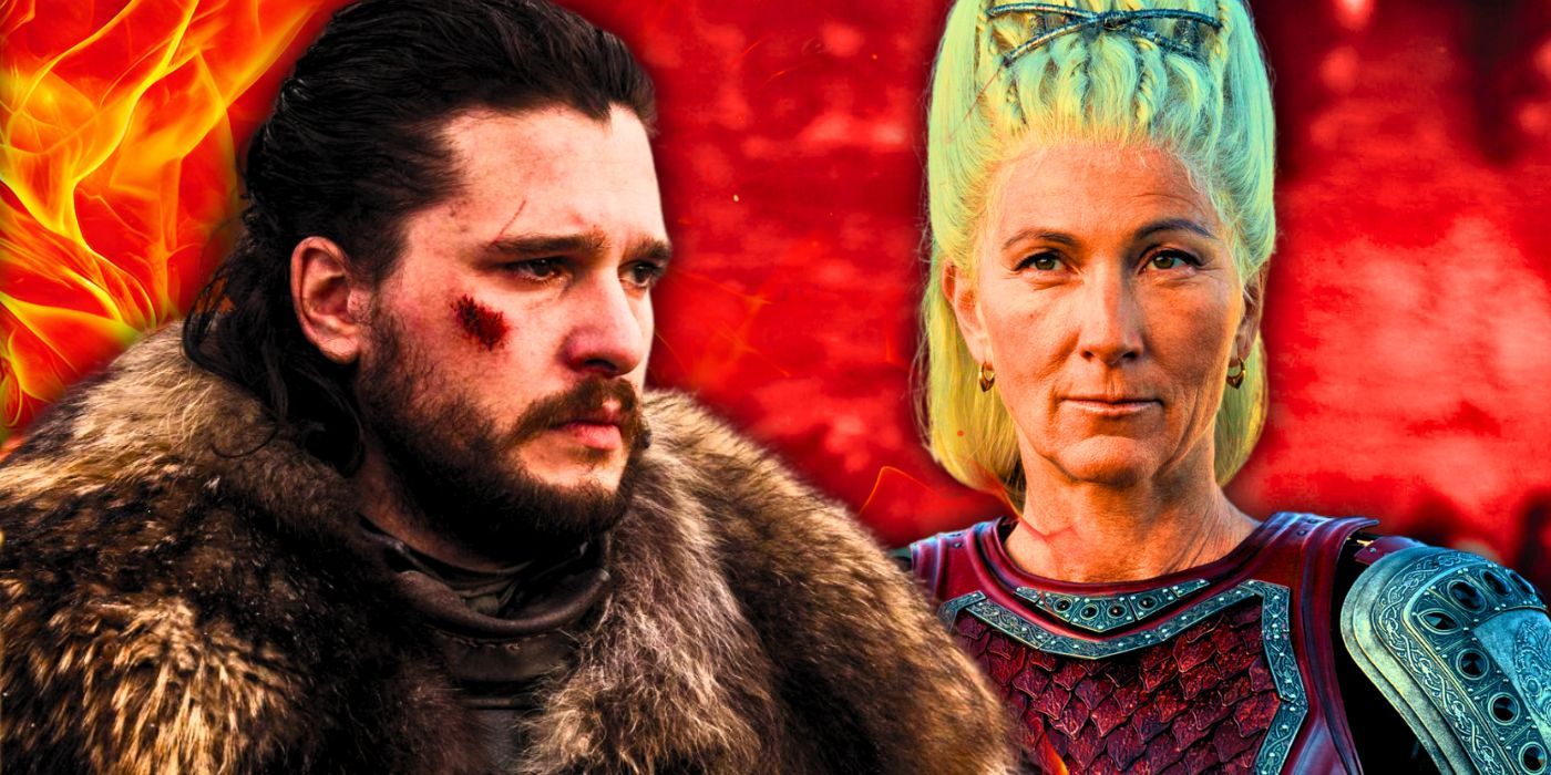 Kit Harington as Jon Snow in Game of Thrones with Eve Best as Rhaenys Targaryen in House of the Dragon