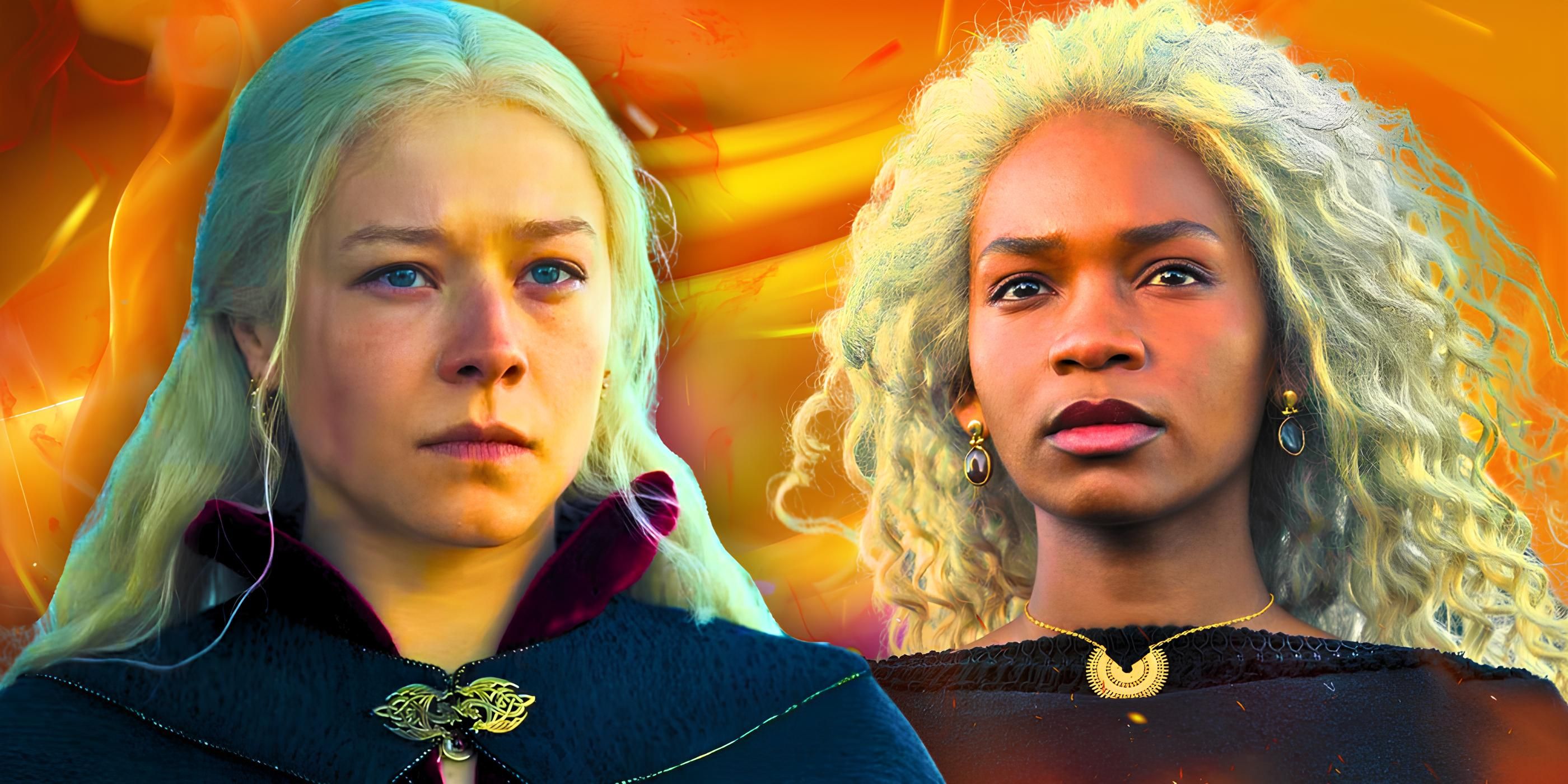 Queen Rhaenyra Targaryen (Emma D'Arcy) and Princess Baela Targaryen (Bethany Antonia) in House of the Dragon with a fiery background