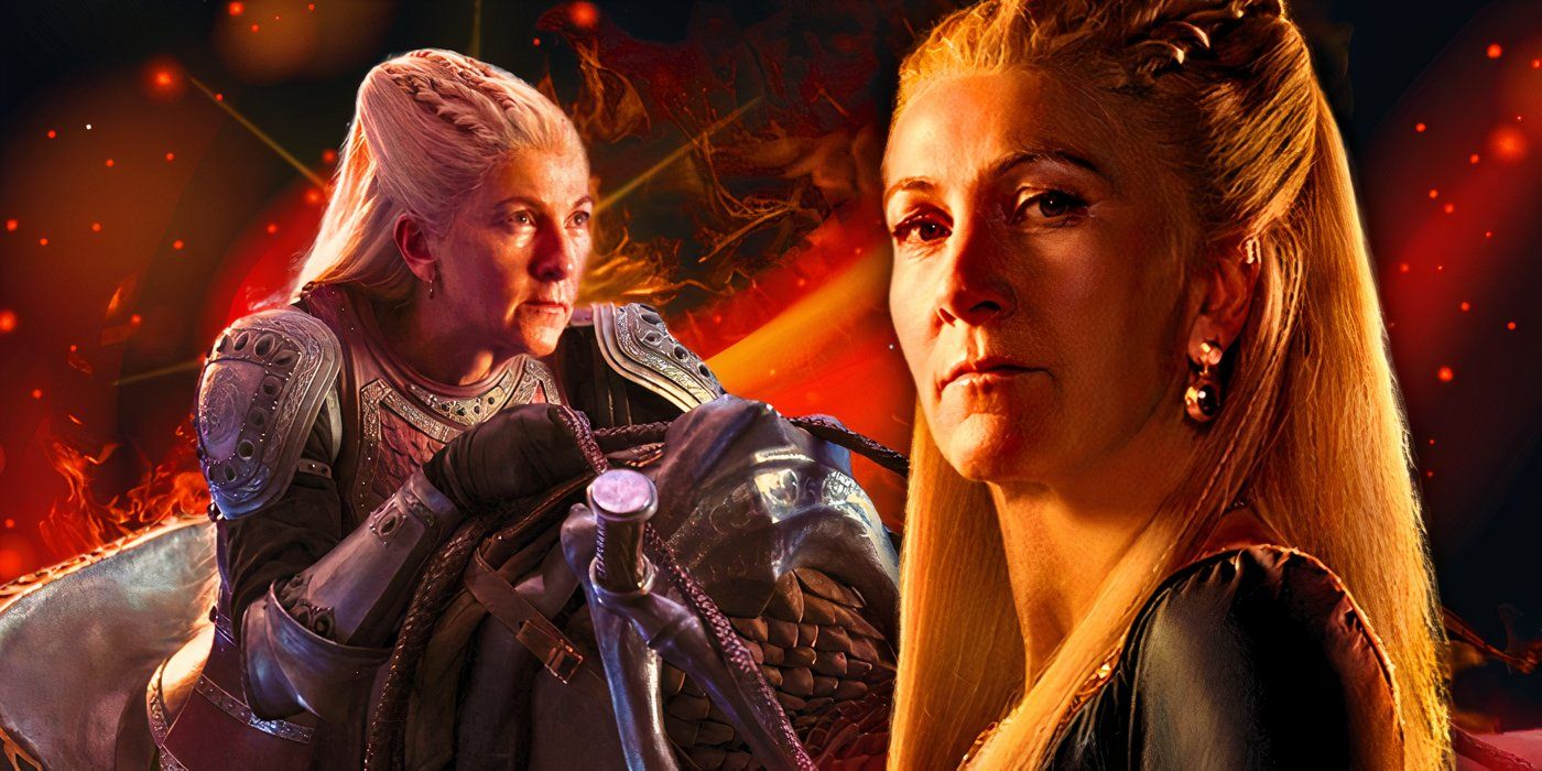 Eve Best as Rhaenys Targaryen riding Meleys next to Best in her House of the Dragon season 1 (2022) character poster