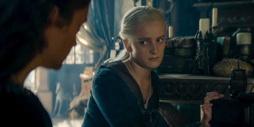 Helaena Targaryen (Phia Saban) looking at her mother Alicent with apprehension in House of the Dragon season 2  episode 3