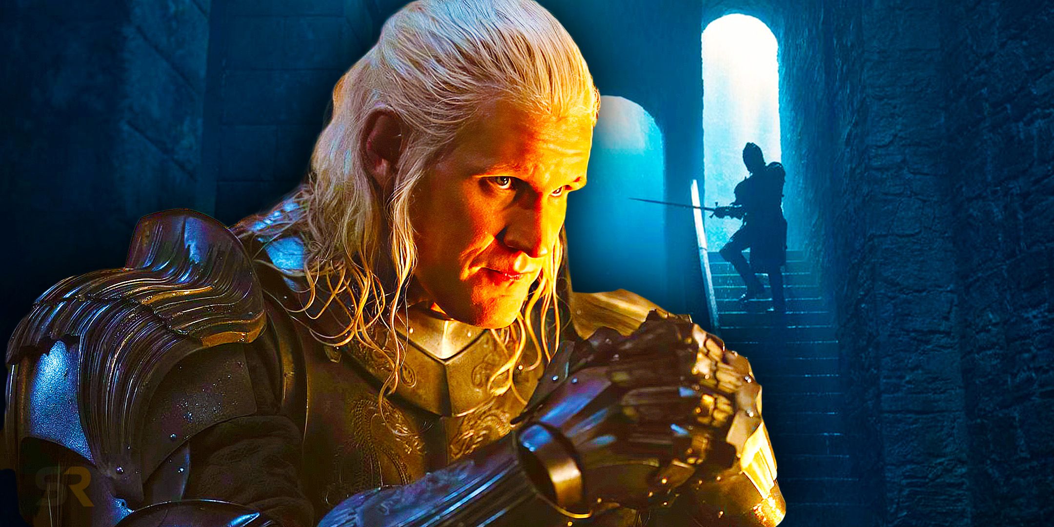 An image of Daemon Targaryen in his armor lit by the light from a fire alongside a shadowed image of him with his sword raised, walking down stairs