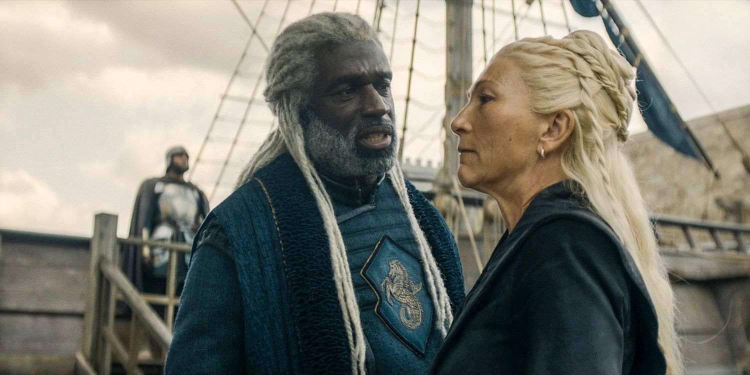 Corlys Velaryon (Steve Toussaint) and Rhaenys Targaryen (Eve Best) arguing in House of the Dragon season 2 episode 4