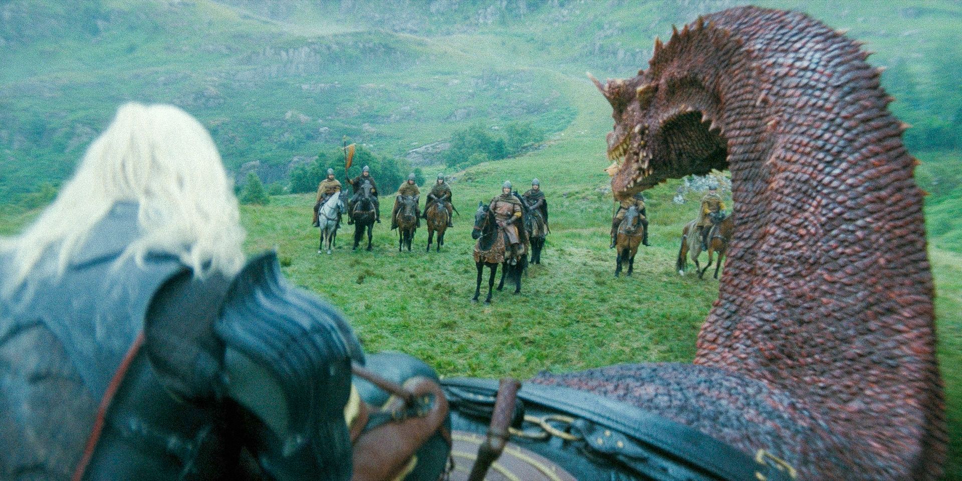 Daemon (Matt Smith) riding Caraxes making deals with the Bracken knights in House of the dragon Season 2 episode 5