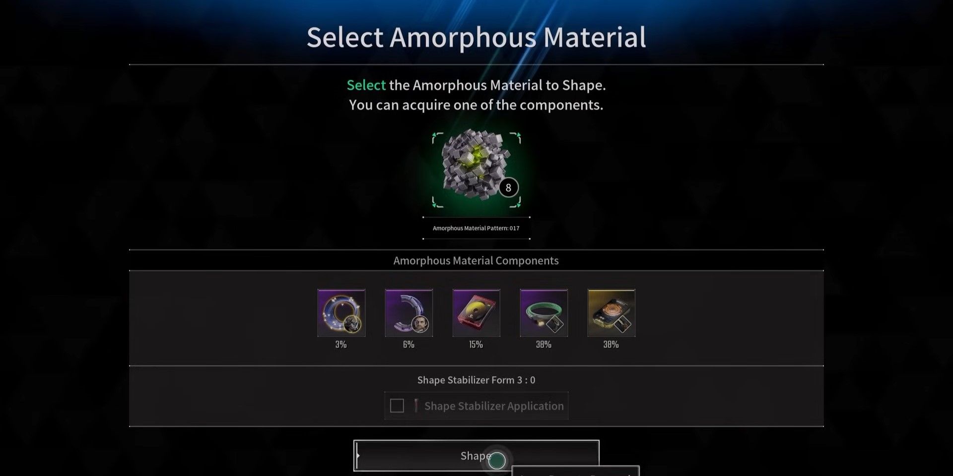 A tela de seleção de componentes mostrando como escolher materiais amorfos em The First Descendant