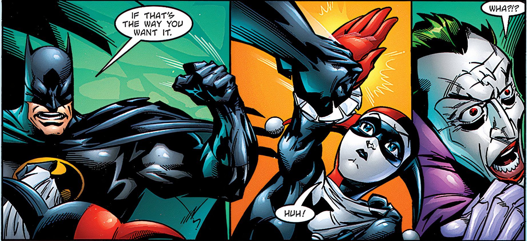 Harley Quinn bloqueia o soco do Batman