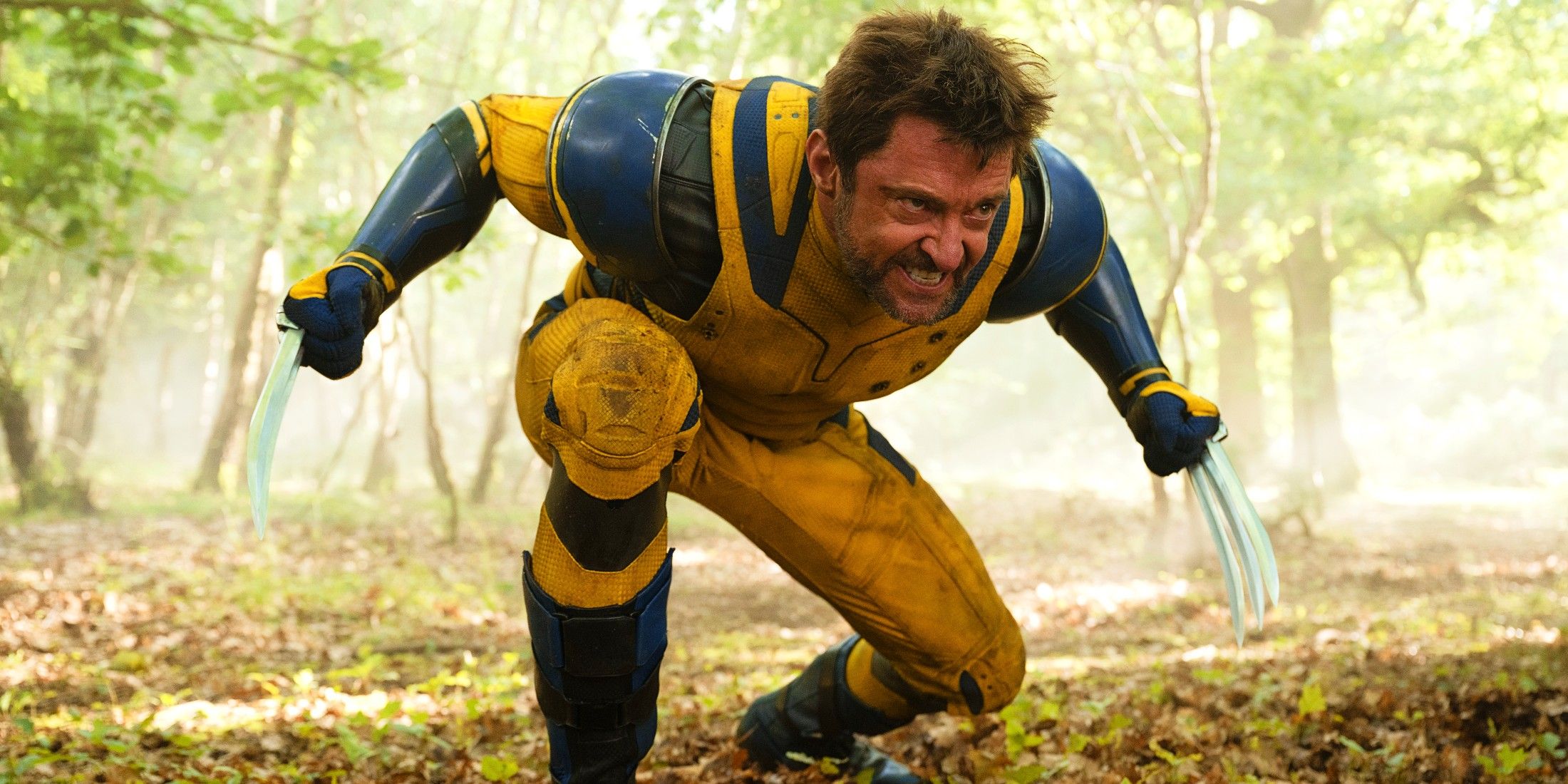 Hugh Jackman como Wolverine agachado em uma pose de luta com garras para fora em Deadpool e Wolverine