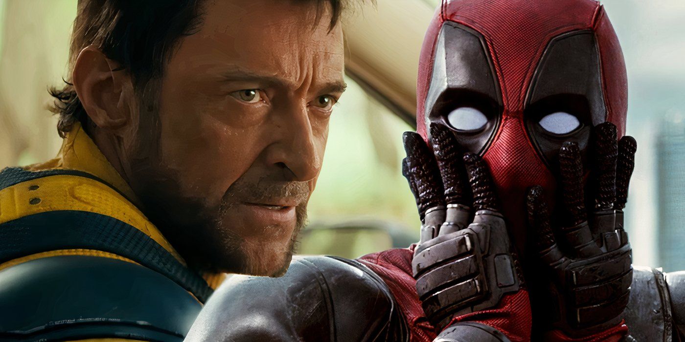 Hugh Jackmans Wolverine blickt Deadpool im Auto in „Deadpool & Wolverine“ (2024) auf der linken Seite stirnrunzelnd an, Ryan Reynolds‘ „Deadpool“ schnaubt aus „Deadpool“ (2016) auf der rechten Seite