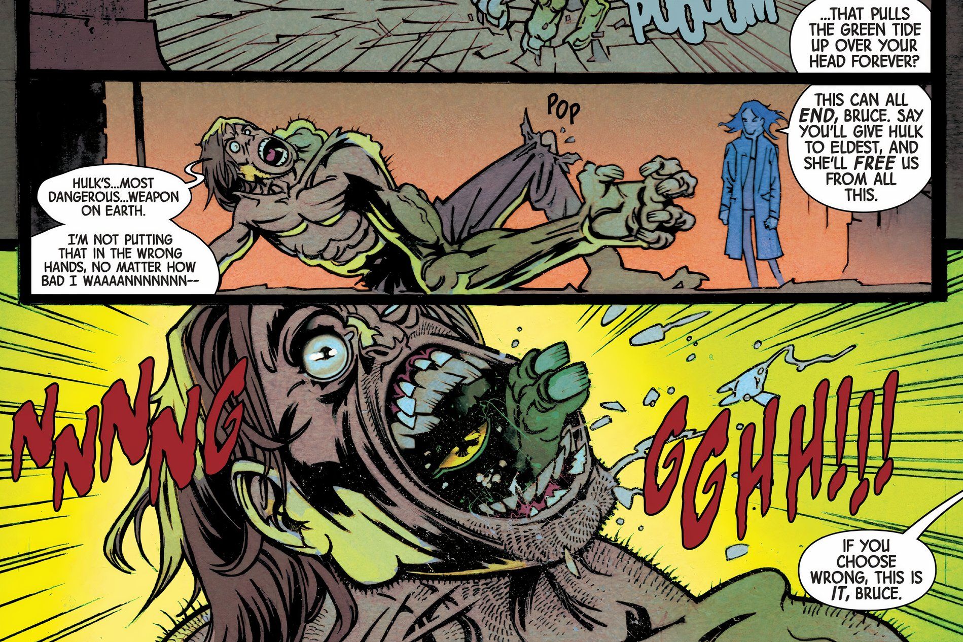 After calling out the Hulk, the creature slowly rips his way out of Bruce Banner by crawling out of his throat.