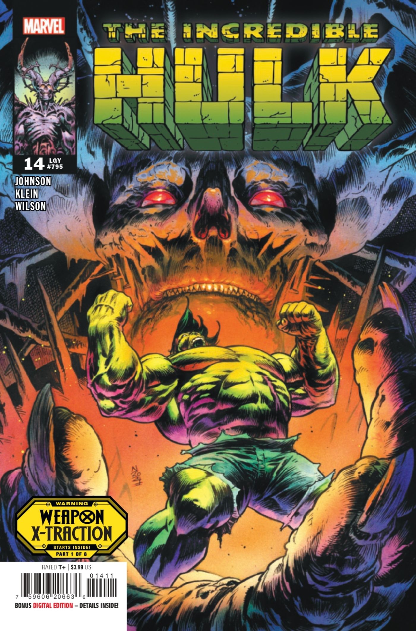 Capa de The Incredible Hulk #14 mostrando Hulk na palma de um gigante esquelético.