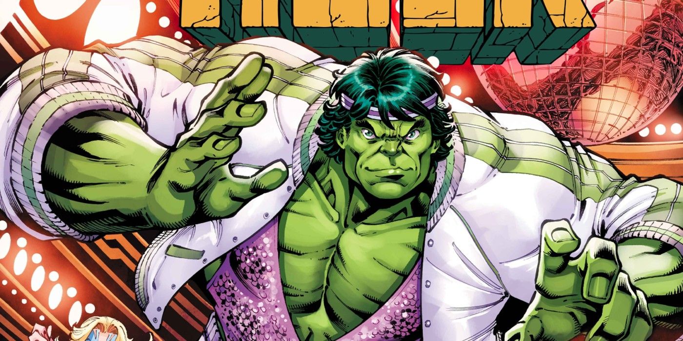 Hulk se viste con un traje combinado de color morado brillante y blanco sólido inspirado en los años 70, mientras usa una diadema morada en una portada variante de Disco Dazzler.