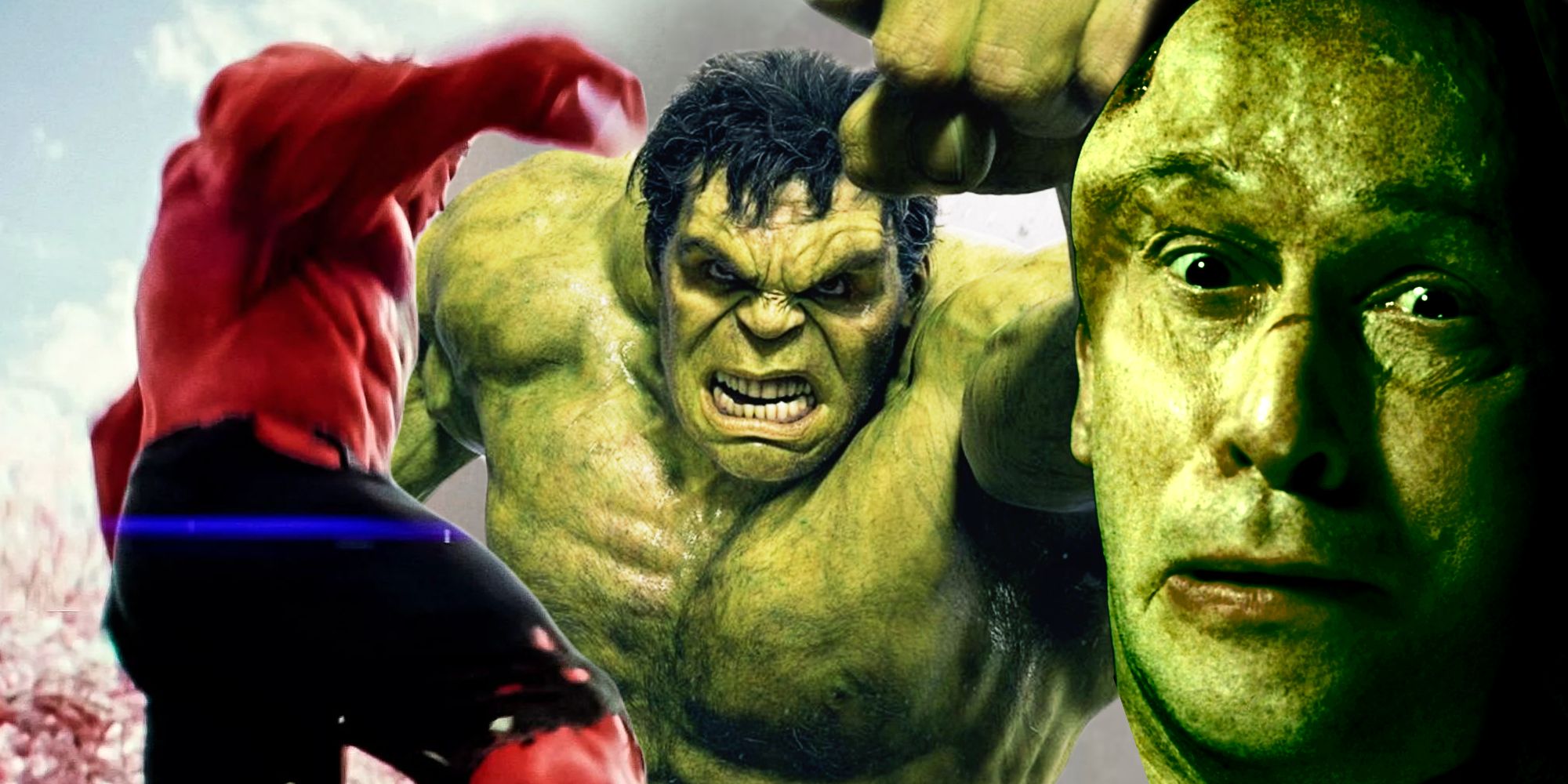 Hulk em Vingadores: Era de Ultron atrás do Hulk Vermelho e do Líder em Capitão América Admirável Mundo Novo