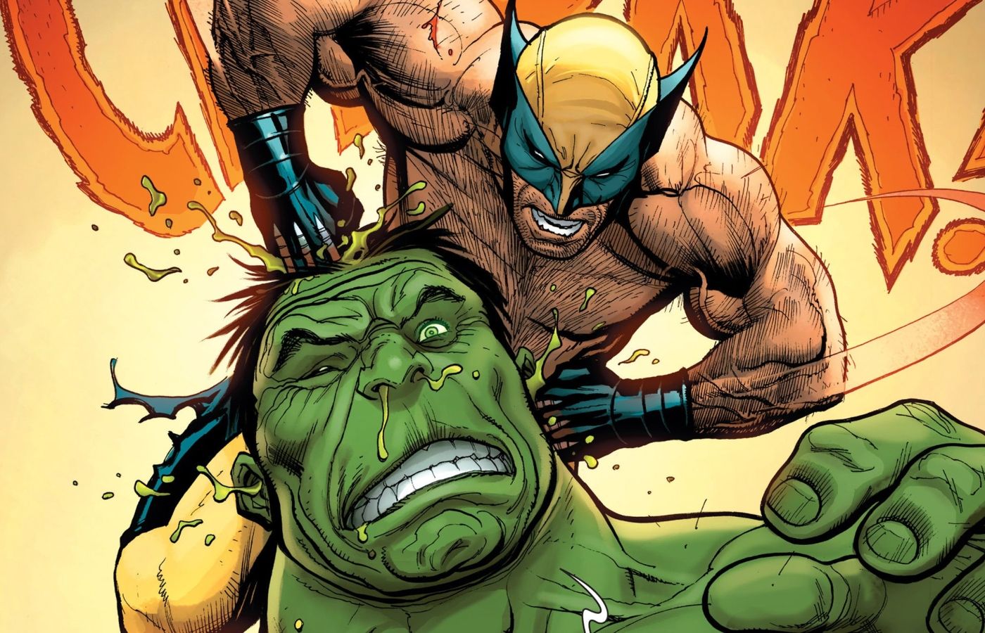 Wolverine stabbing Hulk in the brain with his adamantium claws.