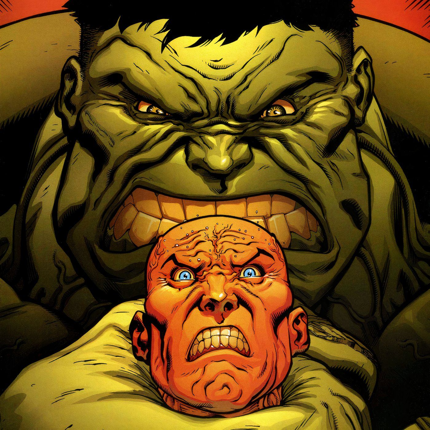 Hulk gripping Professor X's neck from behind.