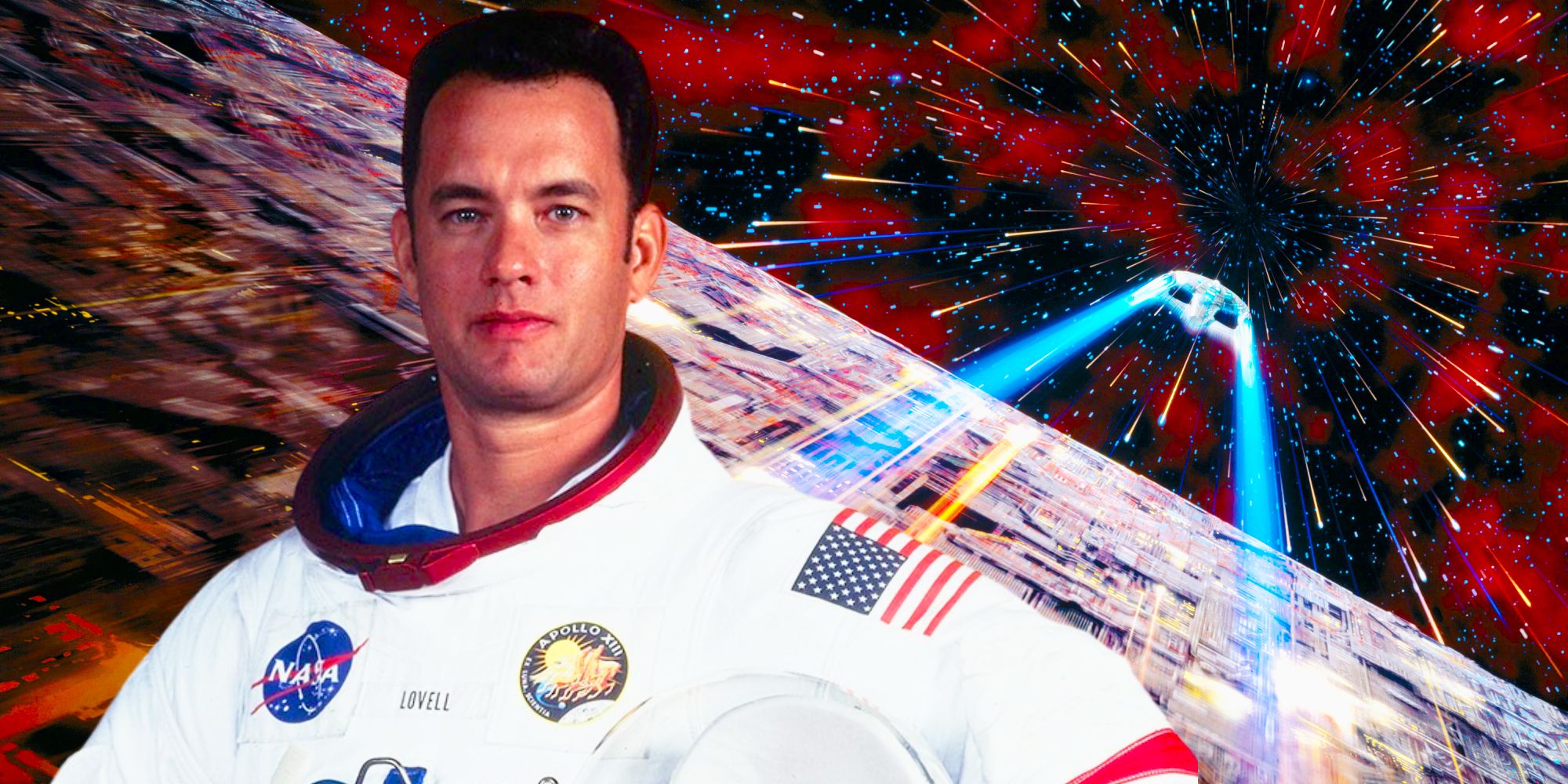 Tom Hanks as Jim Lovell in Apollo 13 and the USS Enterprise-E escaping a Borg Cube