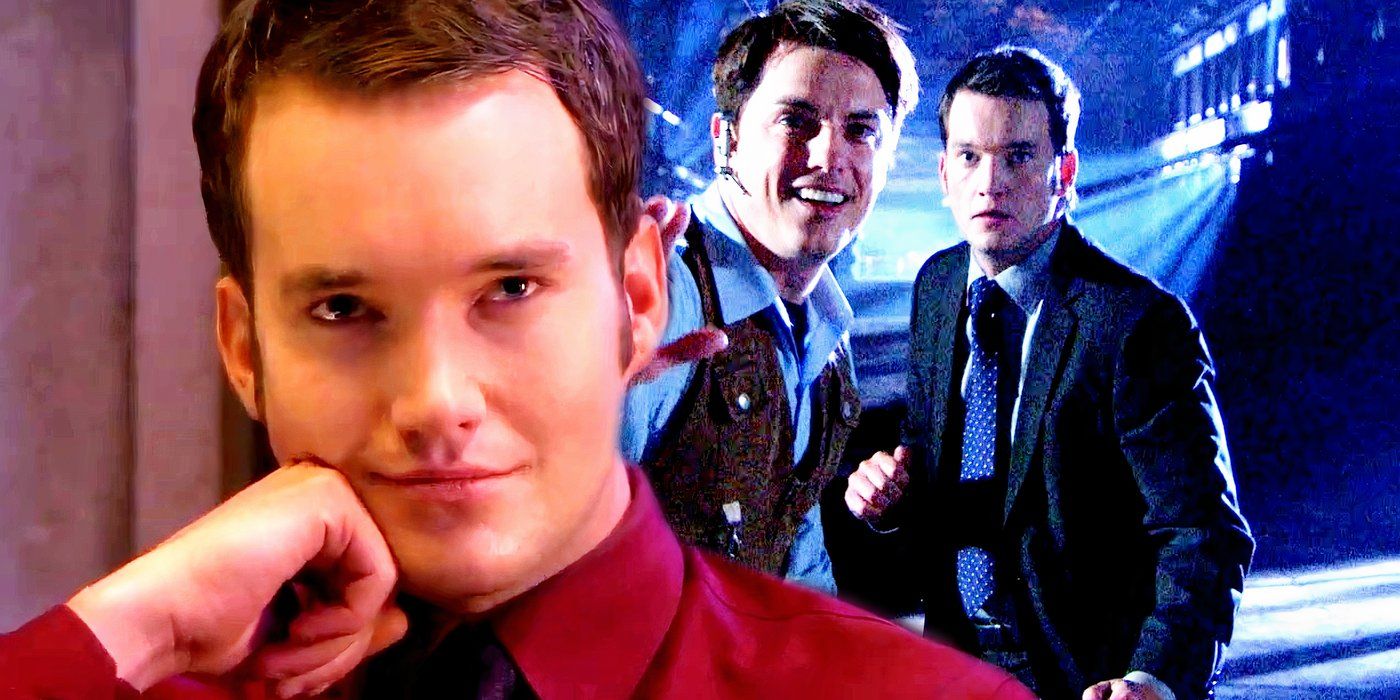 Ianto Jones smiling while he is with John Barrowman's character in Torchwood