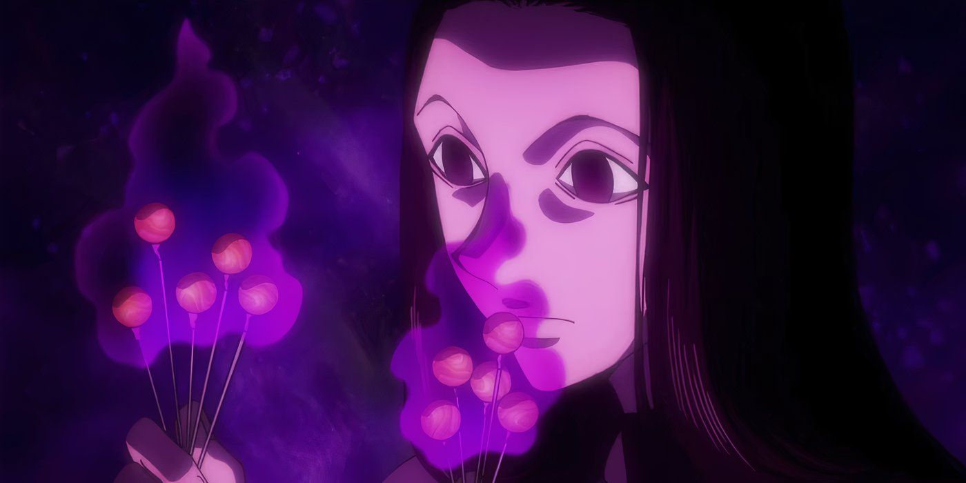 Illumi holding his Nen infused pins in Hunter x Hunter