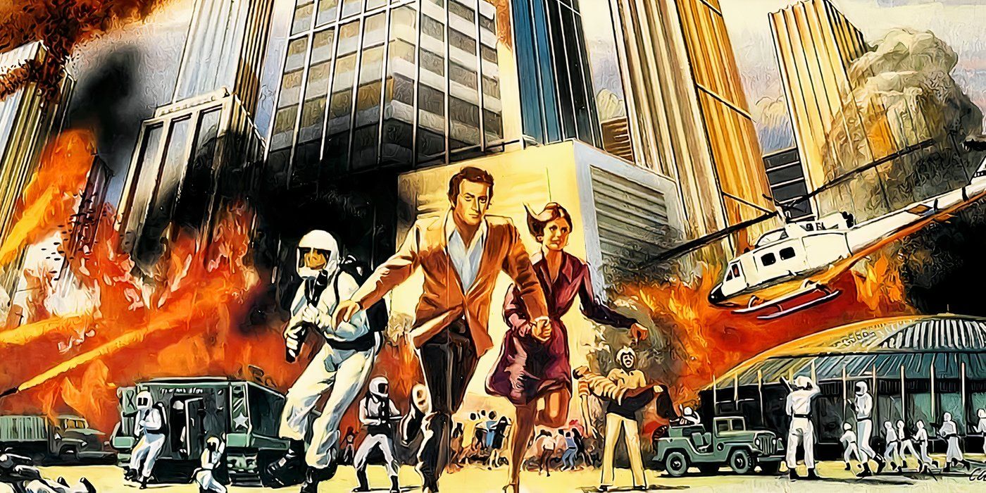 Personagens ilustrados correndo de um prédio no pôster de The Swarm 1978