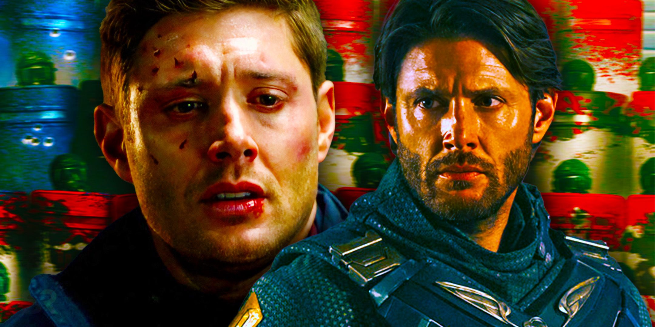 Jensen Ackles as Dean Winchester looks sad in Supernatural and Soldier Boy looks angry in The Boys