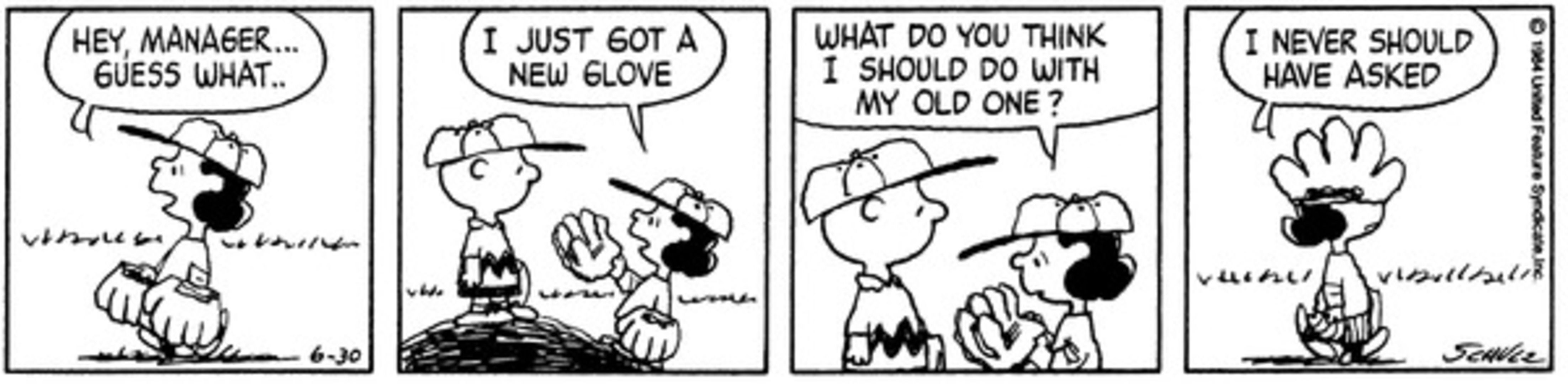 Peanuts, Lucy has her baseball mitt pulled over her head.