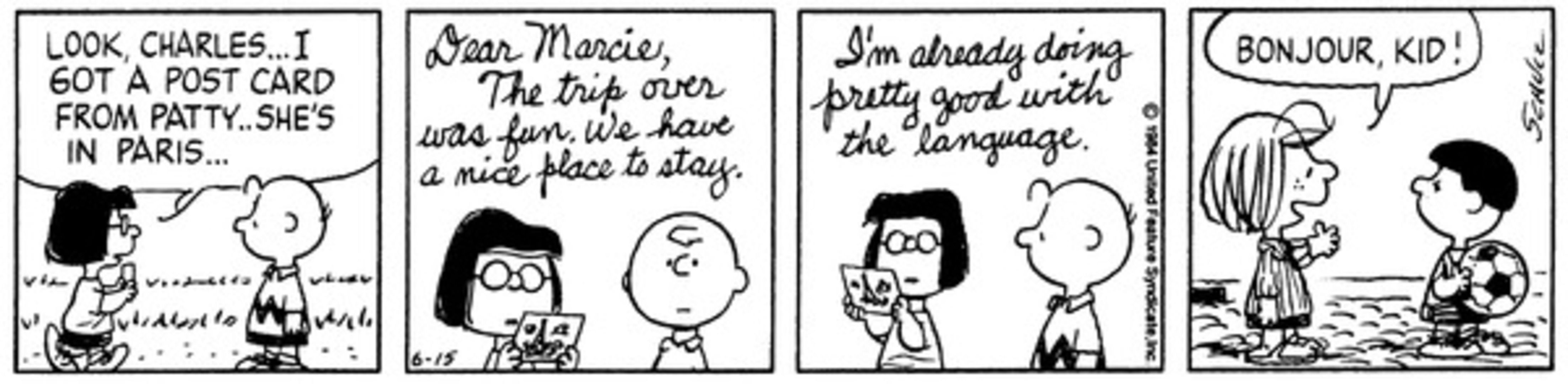 Peanuts, Peppermint Patty goes to France, saying 