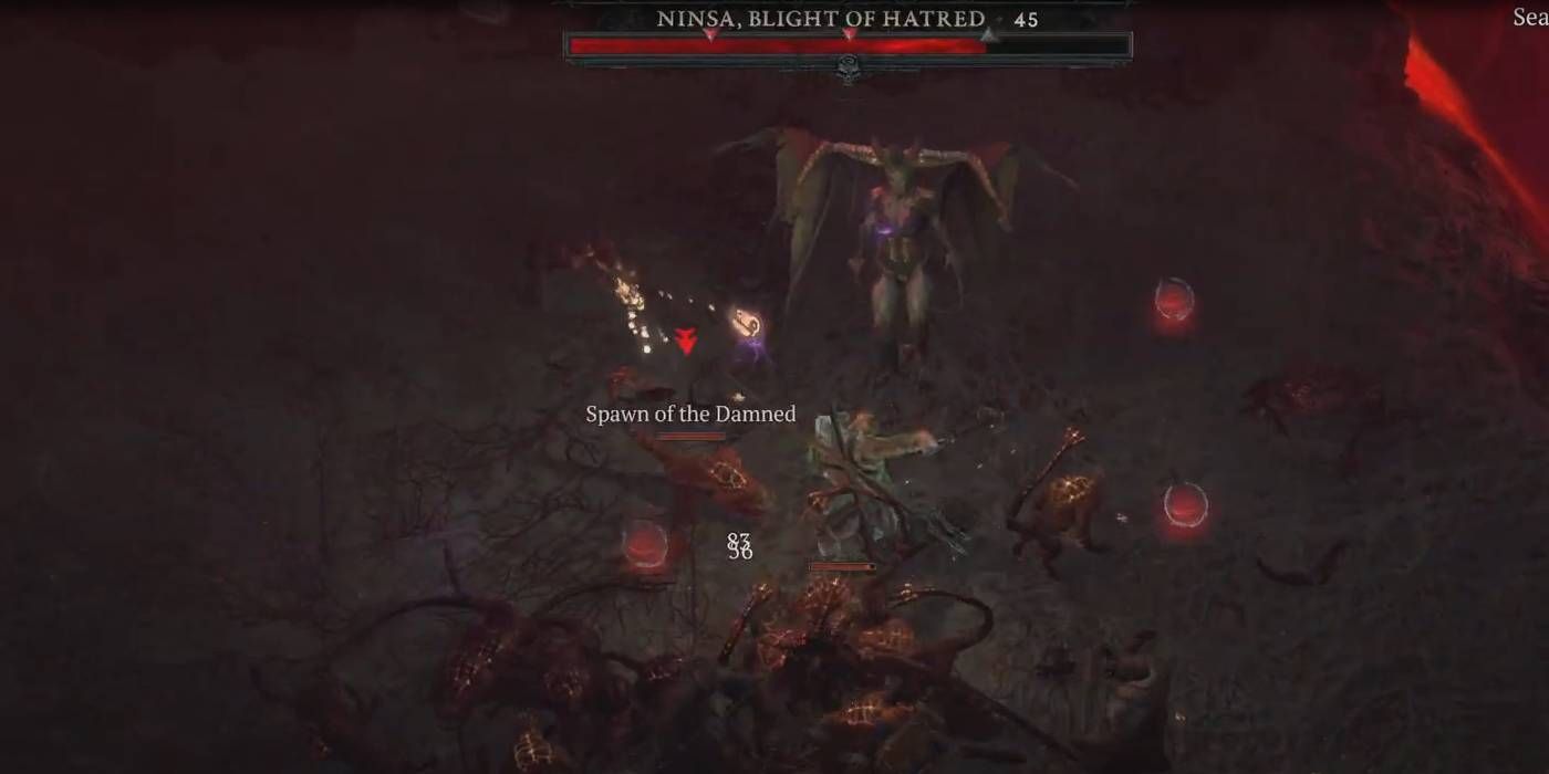 Personagem do jogador de Diablo 4 lutando contra Ninsa, chefe Blight of Hatred e seus lacaios invocados Spawn of the Damned
