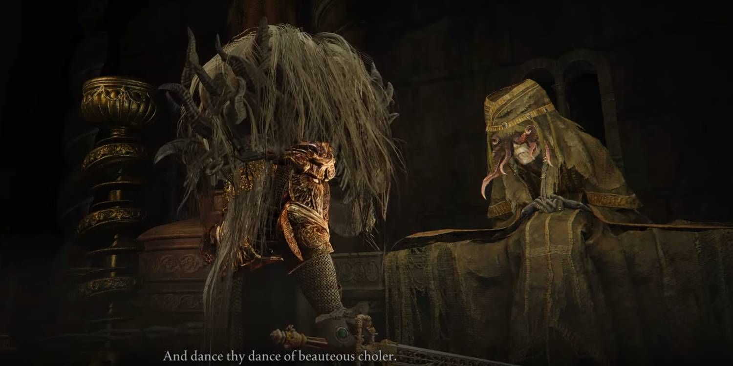 Elden Ring Shadow of the Erdtree conversando com o NPC Hornsent Grandam enquanto usava o item Dancing Lion Helm para obter o Watchful Spirit Incantation