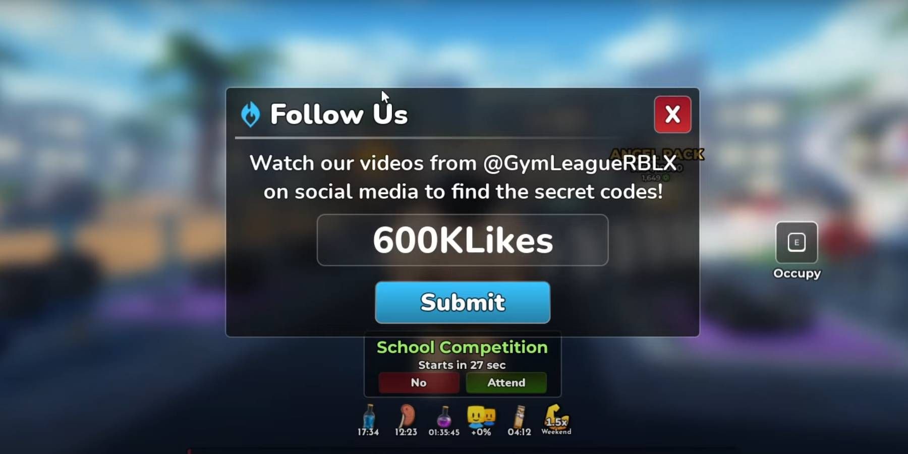 Cuadro de texto del juego Roblox Gym League para recuperar códigos activos