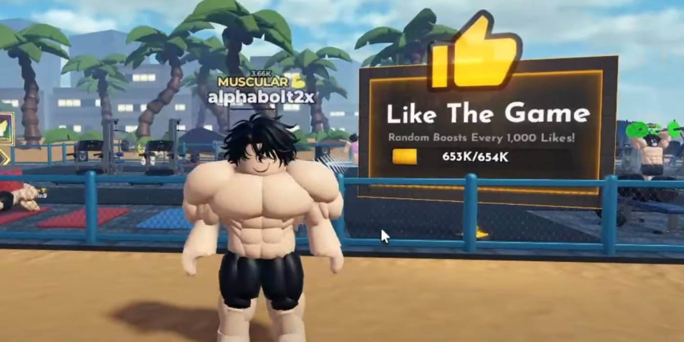 Juego Roblox Gym League con un personaje y un cartel que muestra el objetivo de la recompensa Me gusta