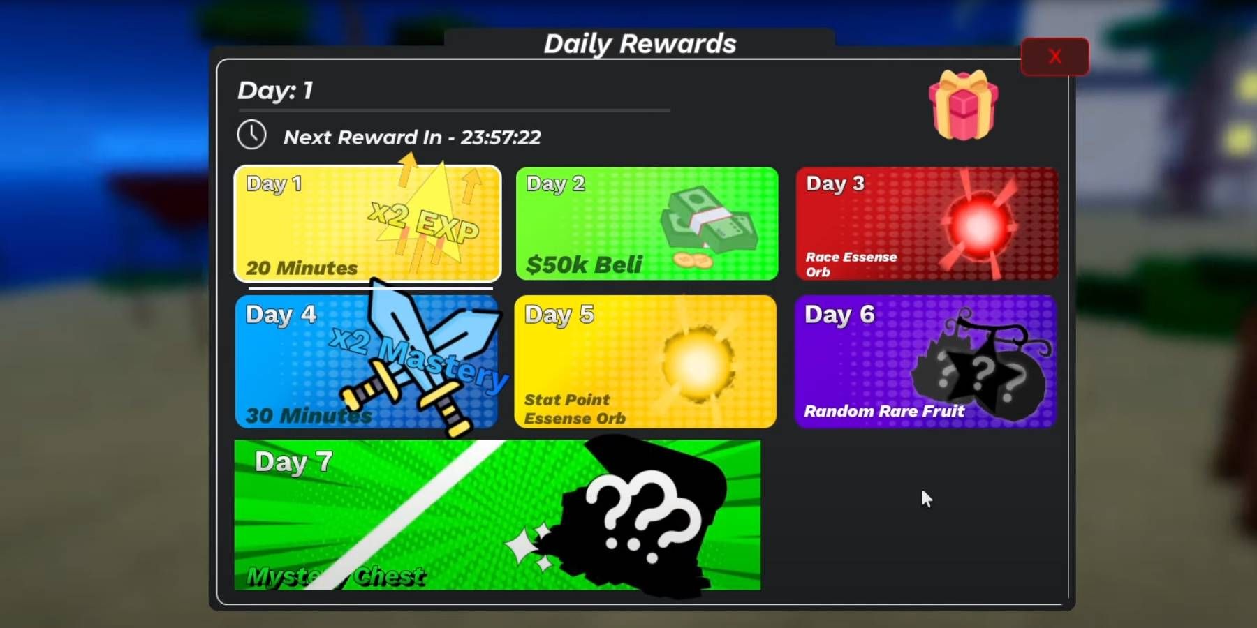 Roblox Fruit Seas daily rewards menu updated by developers to include bonuses and boosts similar to benefits from codes