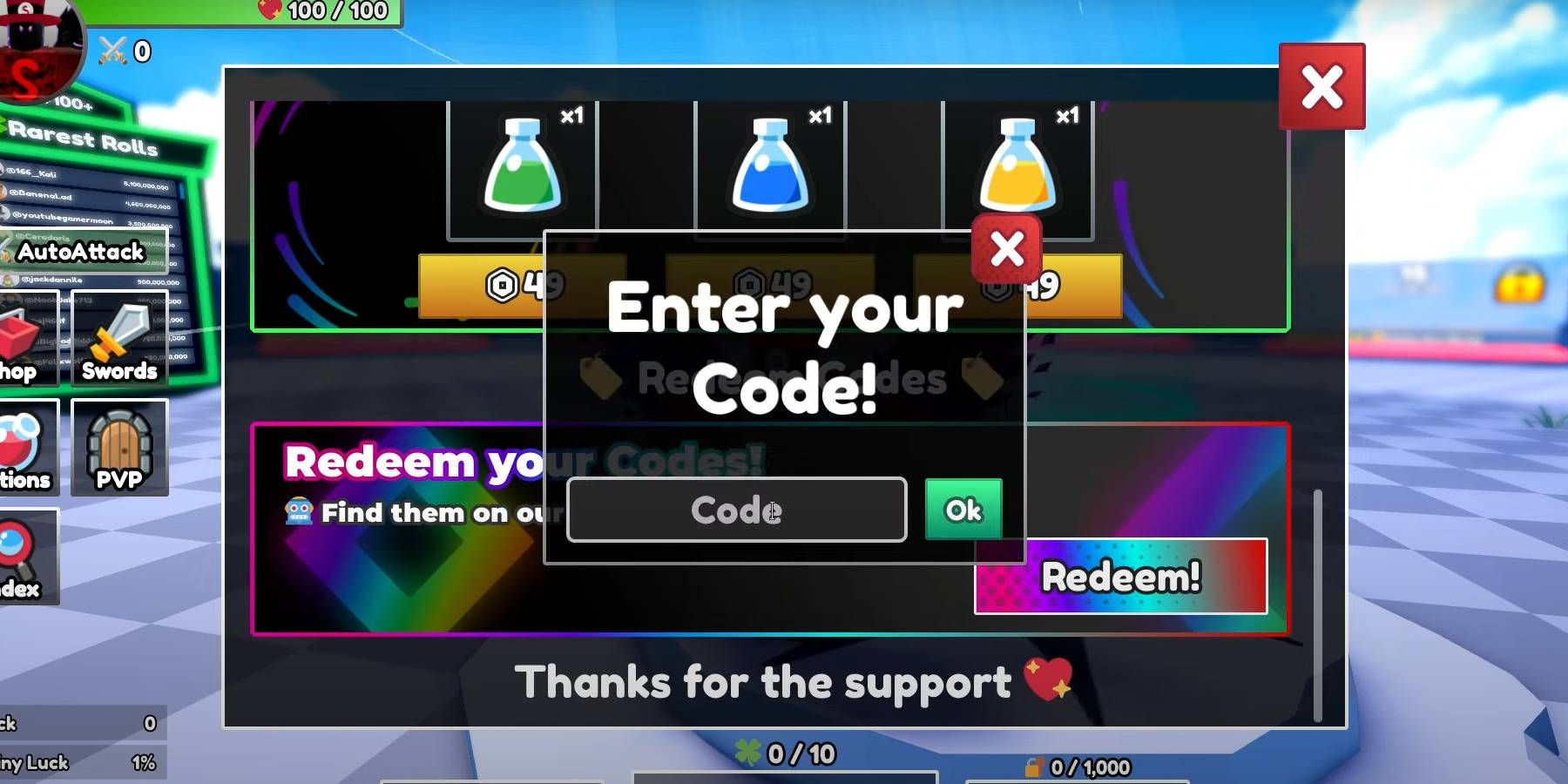 Roblox Dungeon RNG resgatando códigos através da caixa de texto no menu Loja do jogo