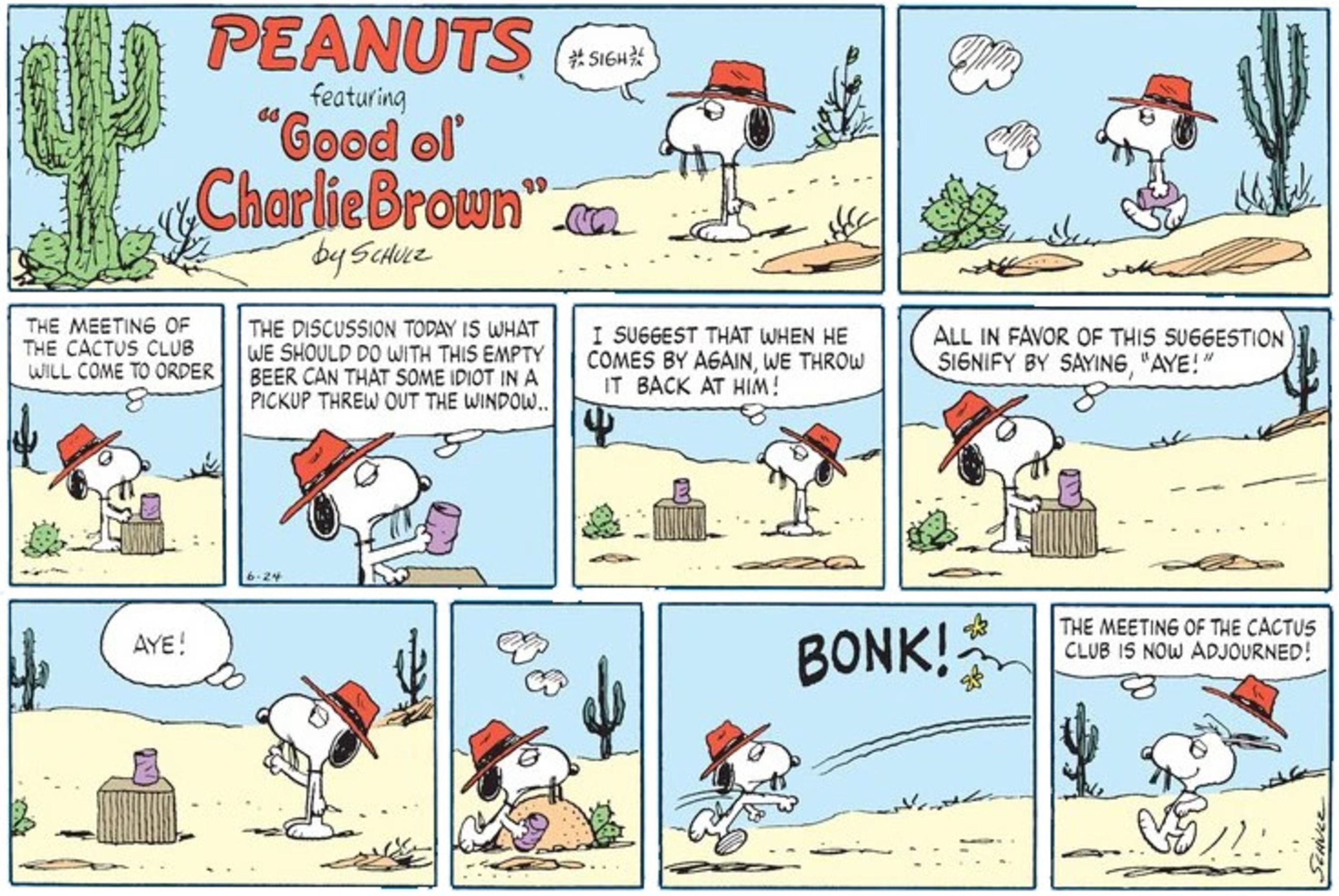 Peanuts, Snoopy's brother Spike throws a beer can back at a car that littered.