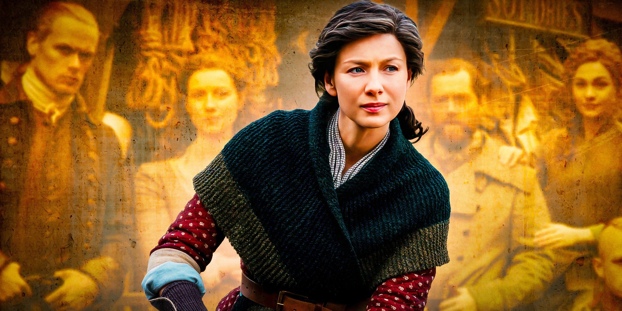 Caitríona Balfe as Claire looking serious in Outlander with imagery of the show's cast behind her