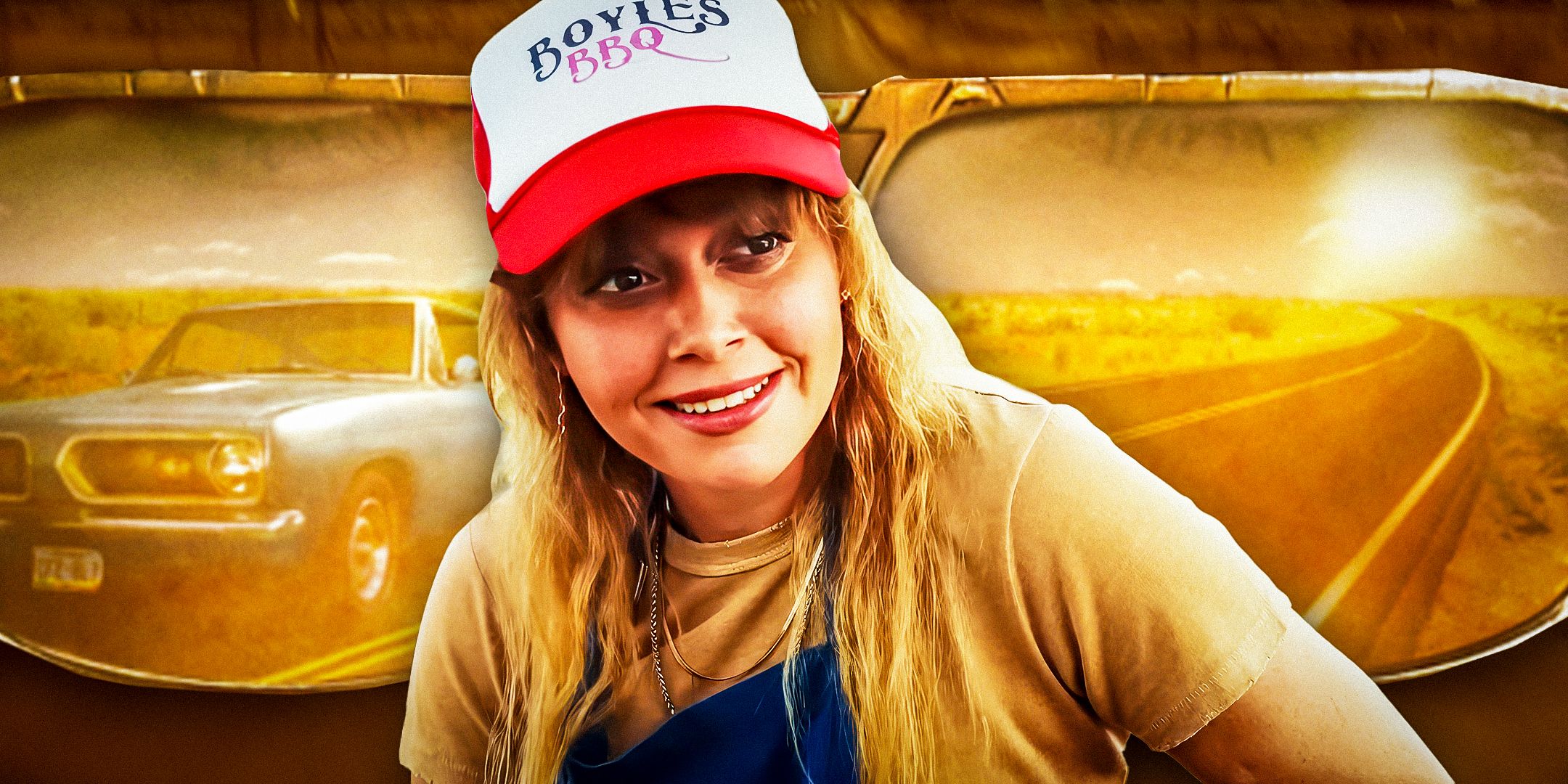 Uma imagem composta de Natasha Lyonne sorrindo em frente a um close de óculos escuros olhando para uma estrada em Poker Face