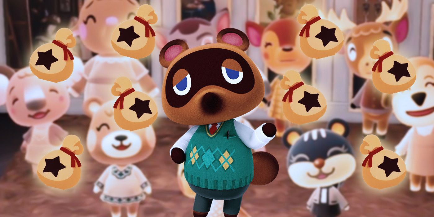 Tom Nook with some other villagers and a bunch of coinbags around them and coins.